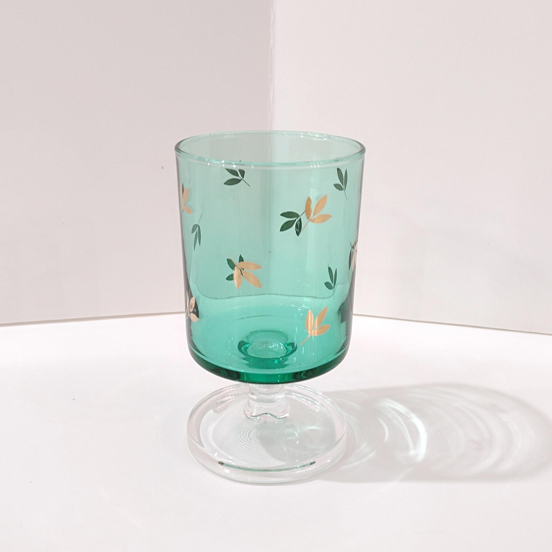 Vintage Emerald Green Gold Leaves Wine Cordial Glass, 1970's Cristal D'Arques Durand Green Cavalier Short Wine Glass