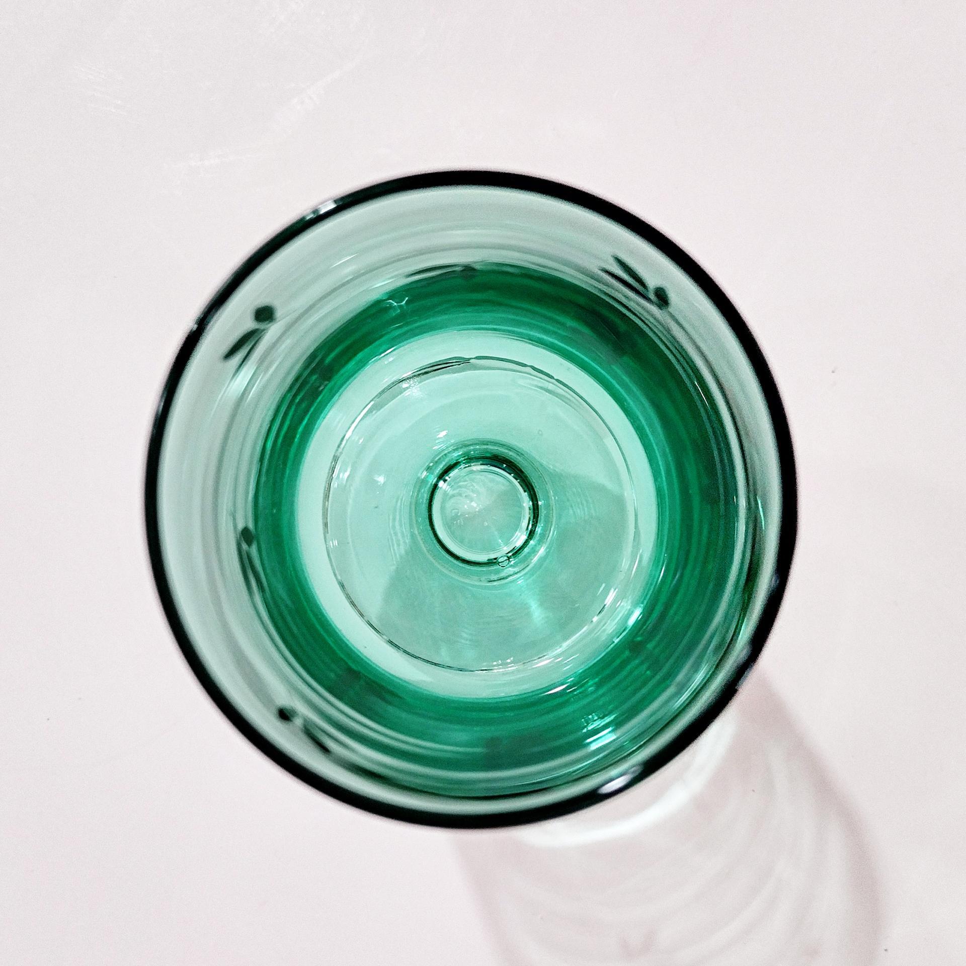 Vintage Emerald Green Gold Leaves Wine Cordial Glass, 1970's Cristal D'Arques Durand Green Cavalier Short Wine Glass