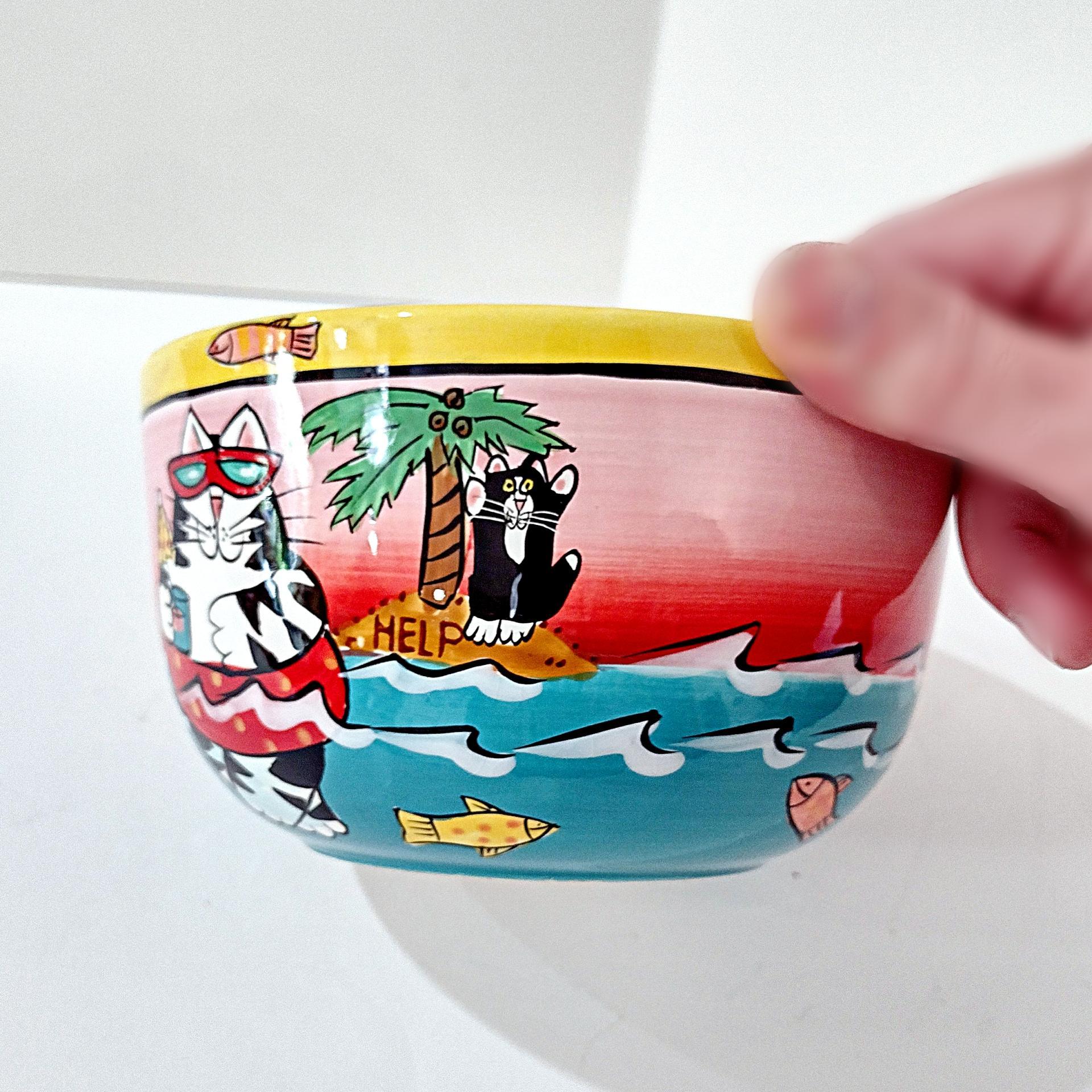 Vintage Candace Reiter Catzilla Fishing Swimming Snorkeling Cats Ceramic Bowl, Whimsical Cat All Purpose Bowl