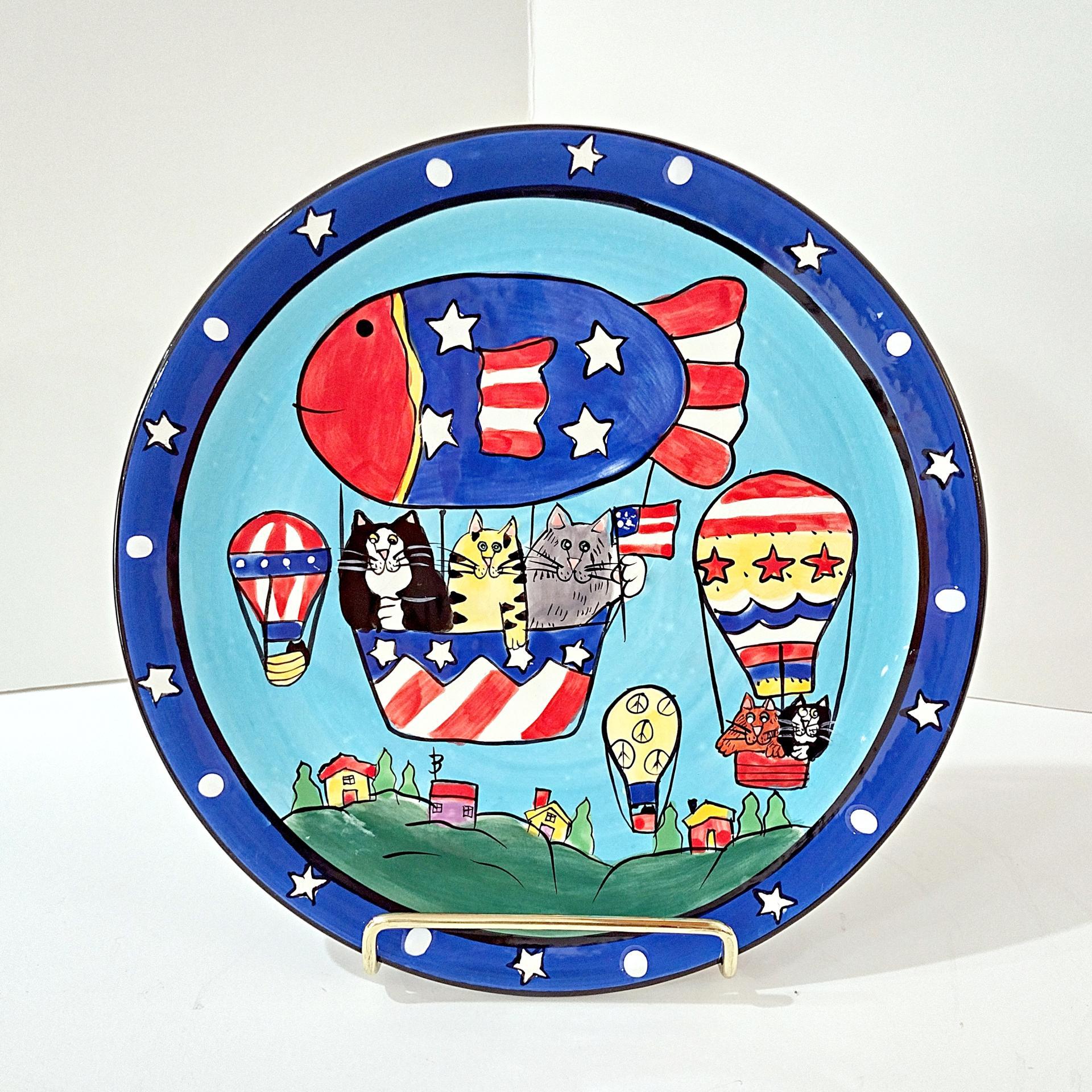 Vintage Candace Reiter Catzilla Hot Air Balloon Stars and Stripes Cats Ceramic Plate, Whimsical Patriotic Cat 8 Inch Plate
