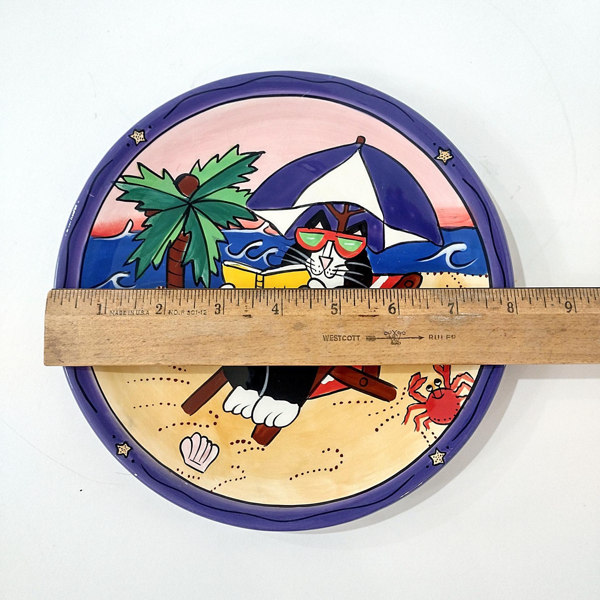 Vintage Candace Reiter Catzilla Beach Chair Reading Cat Ceramic Plate, Whimsical Cat 8 Inch Plate