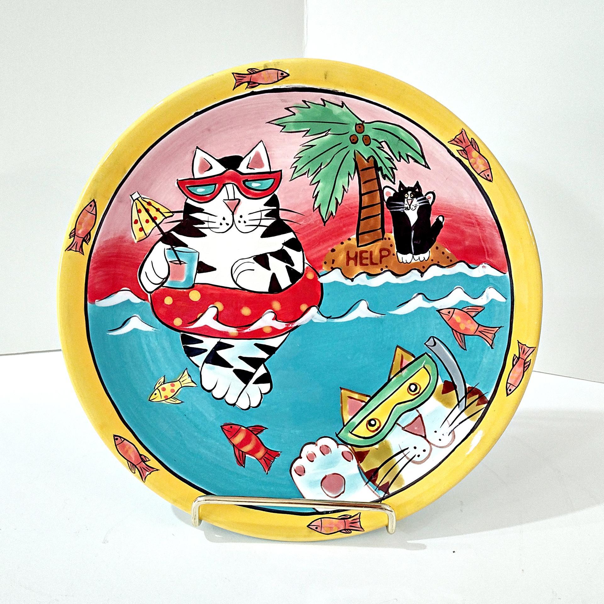 Vintage Candace Reiter Catzilla Swimming Snorkeling Cats Ceramic Plate, Whimsical Collectible Cat 8 Inch Plate