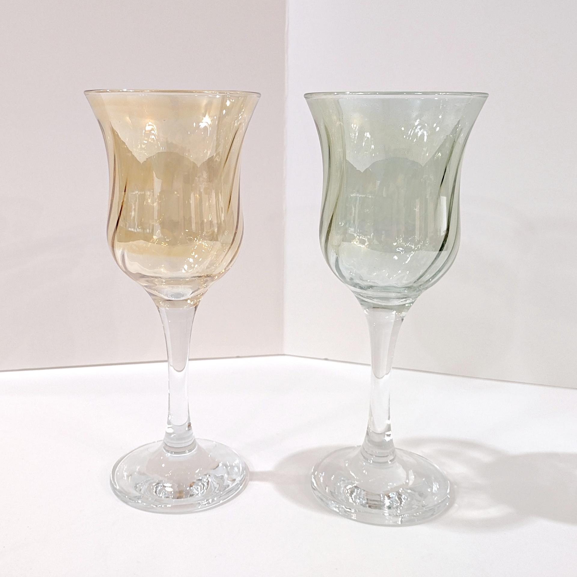 Vintage Crate and Barrel Amber and Green Optic Swirl Wine Glasses, Set of 2