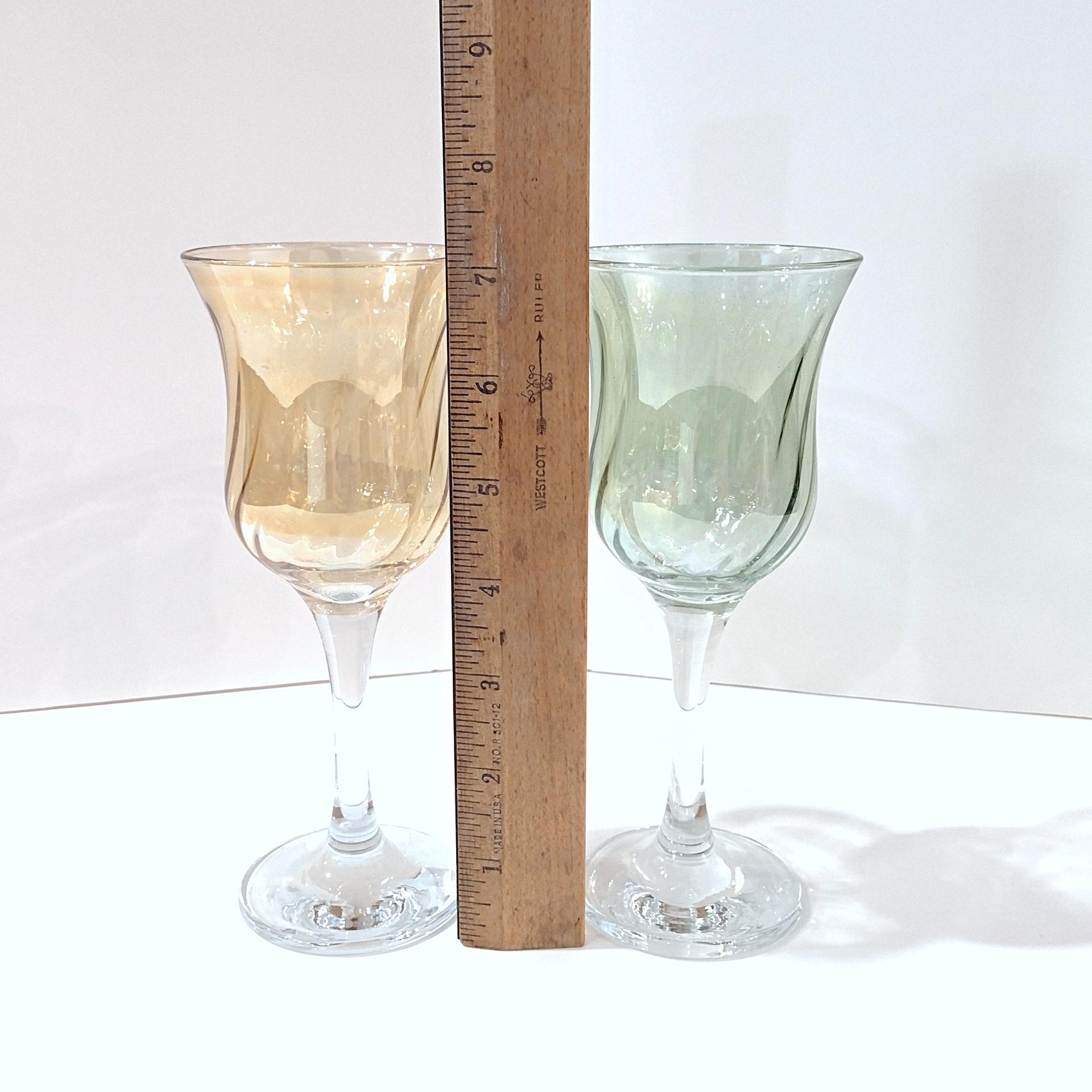 Vintage Crate and Barrel Amber and Green Optic Swirl Wine Glasses, Set of 2