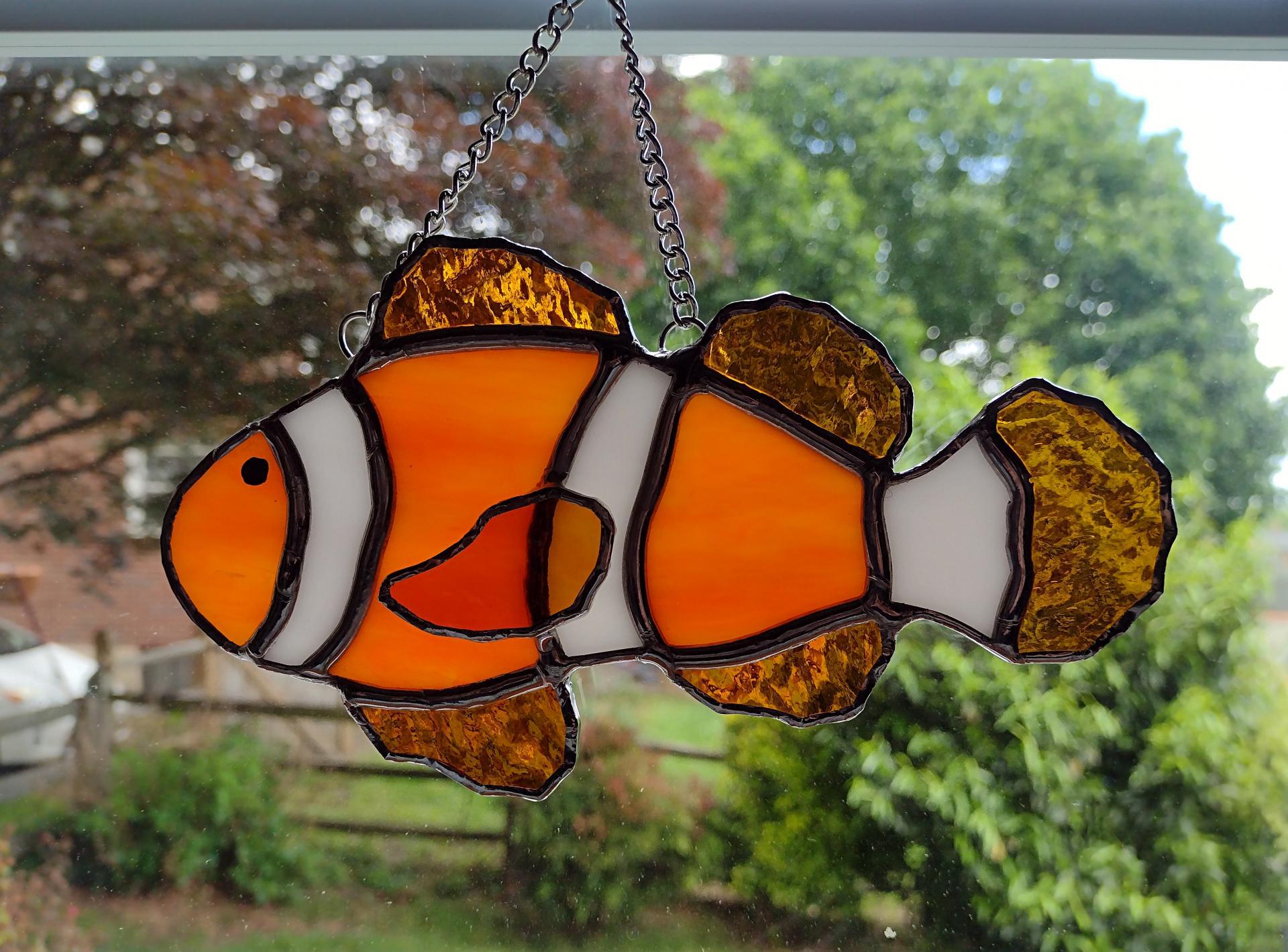 Clownfish Stained Glass Suncatcher, Orange Tropical Fish