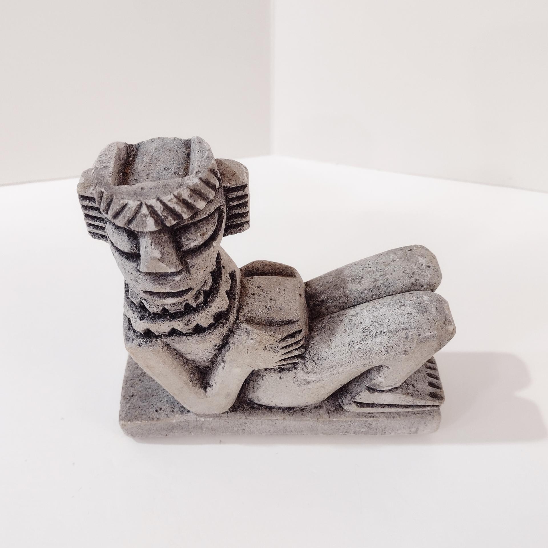 Vintage Reclining Chac Mool Mayan Stone Figurine, Mexican Aztec Carved Stone Statue