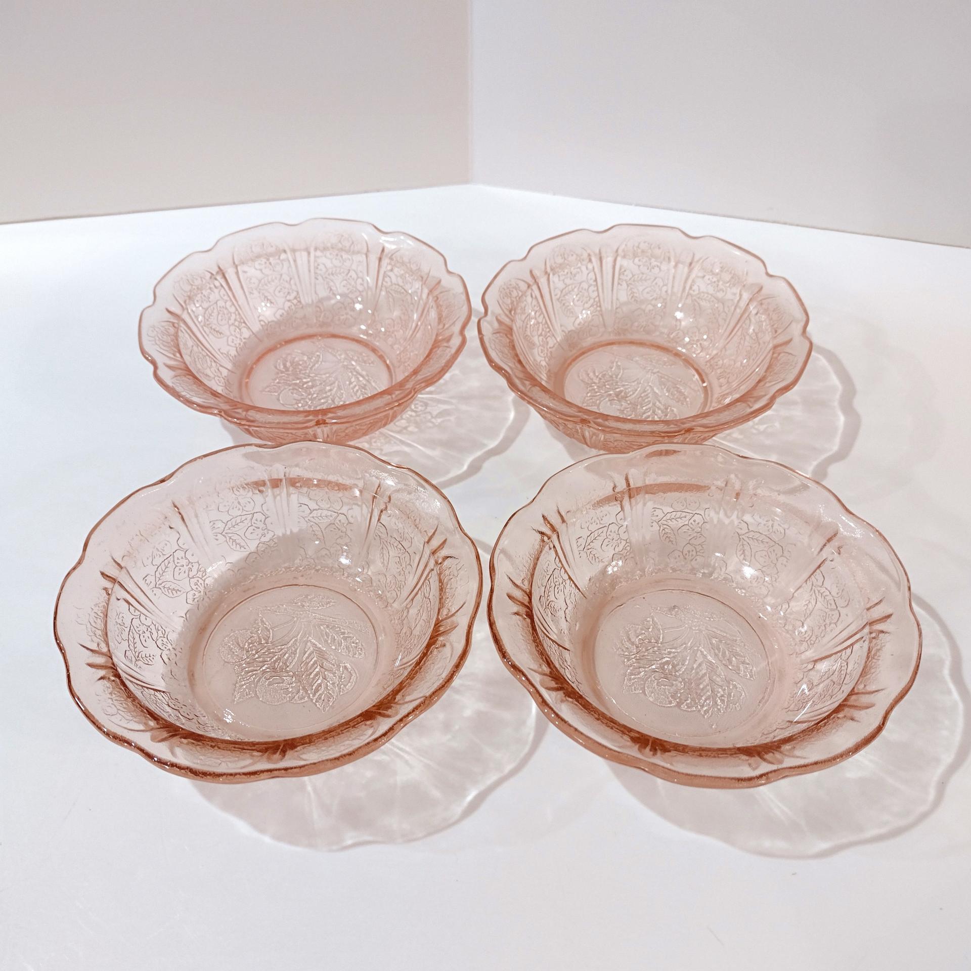 Vintage Jeanette Glass Cherry Blossom Pink Dessert Fruit Bowls, Set of 4, Pink Depression Glass Bowls