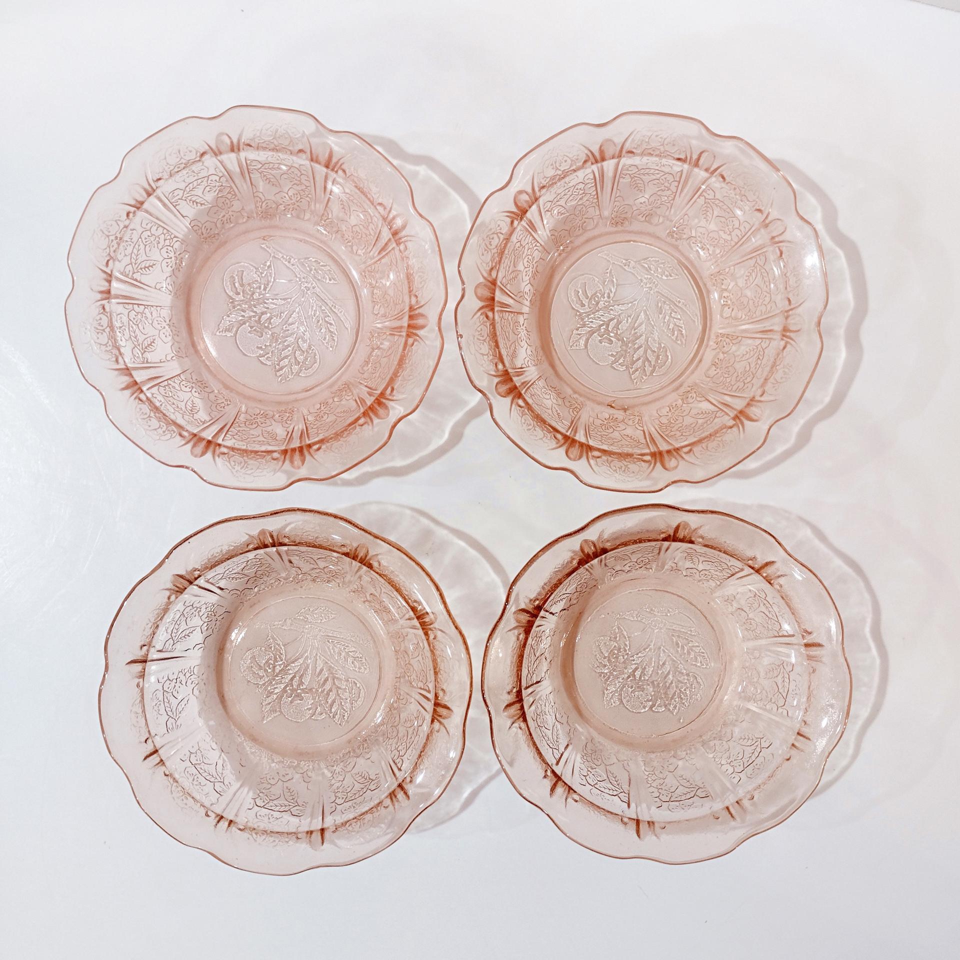 Vintage Jeanette Glass Cherry Blossom Pink Dessert Fruit Bowls, Set of 4, Pink Depression Glass Bowls