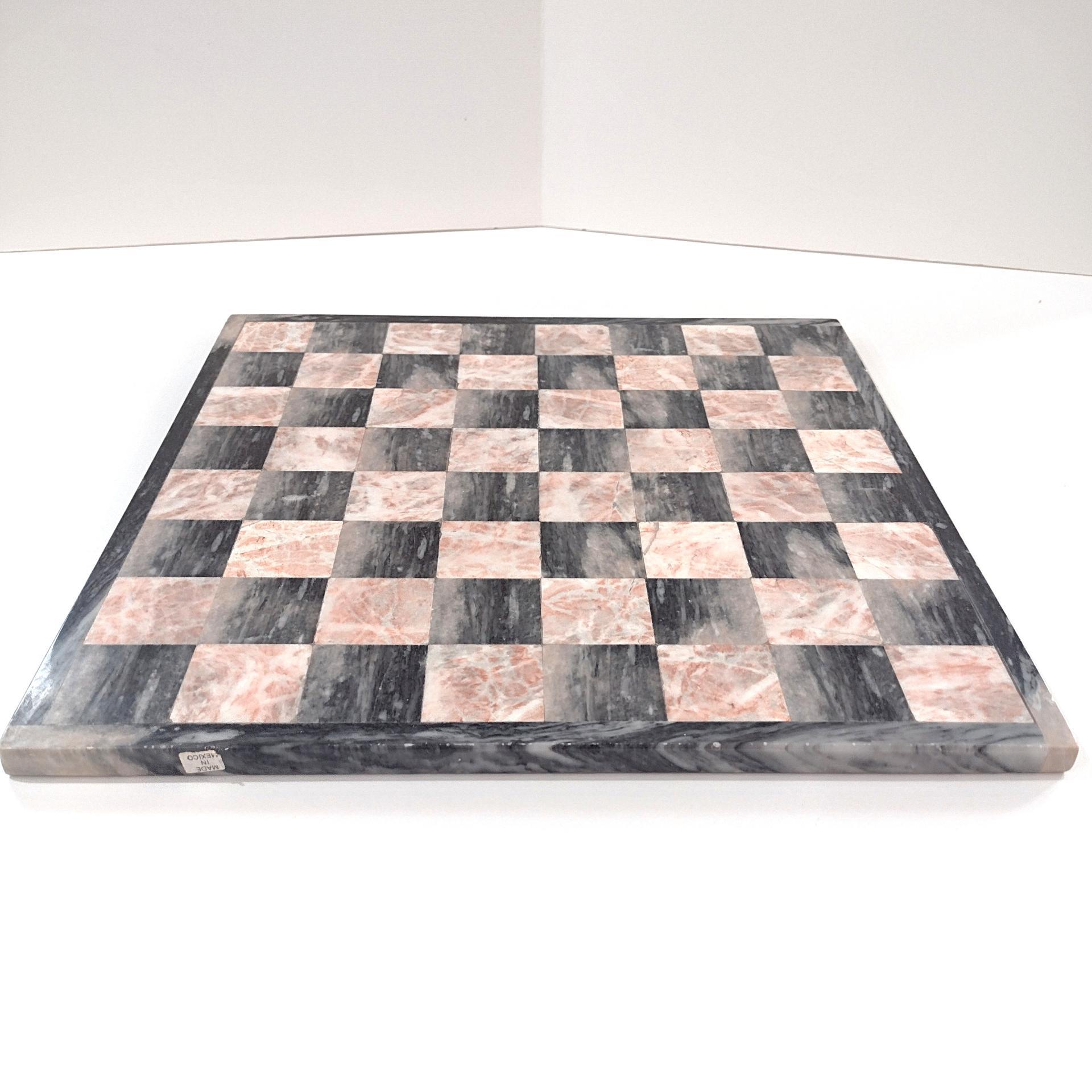 Vintage Pink and Gray Black Onyx Marble 13 3/4 Inch Chess Checkers Board, Mexican Marble Chess Board