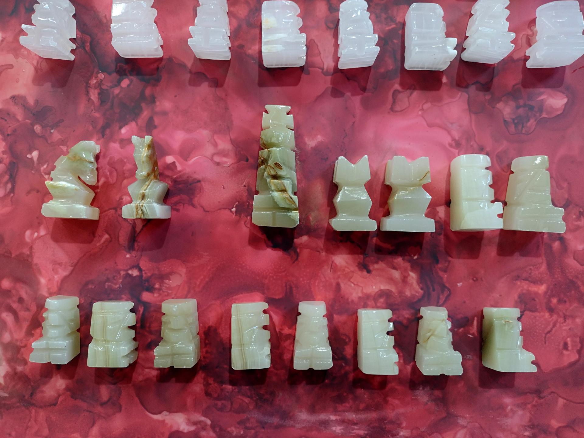Vintage Hand Carved Stone Chess Pieces, Set of 31, Mayan Aztec Carved Stone Chess Set Figures