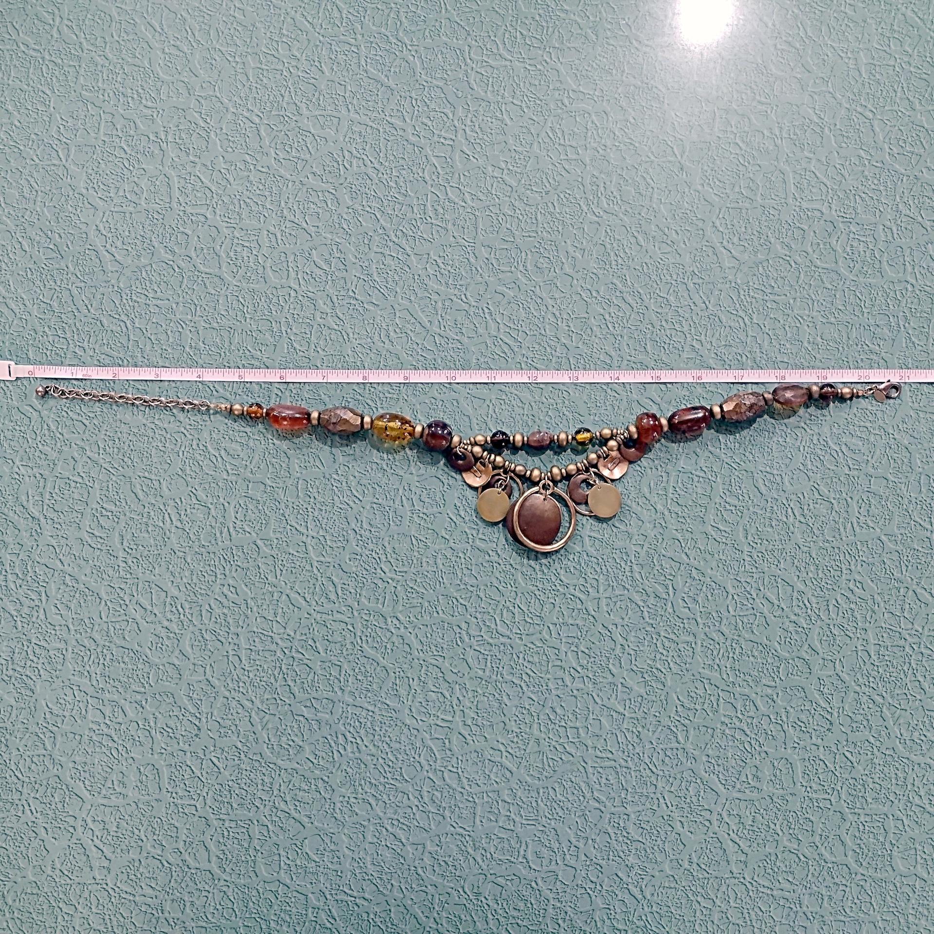 Vintage Brown and Amber Beaded, Gold Tone Rings and Bangles Chico's Statement Necklace, Adjustable 16" to 20"