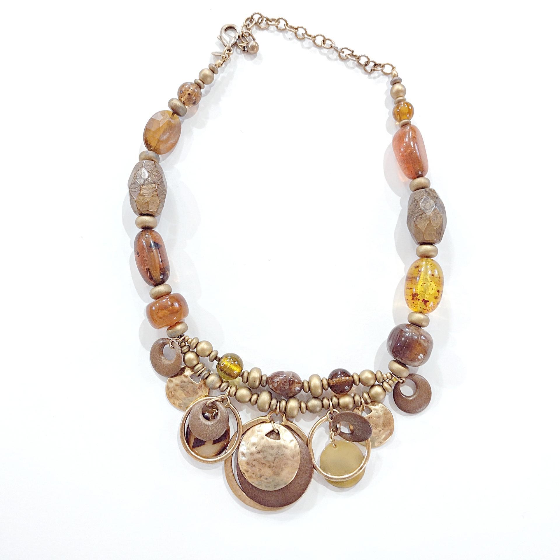 Vintage Brown and Amber Beaded, Gold Tone Rings and Bangles Chico's Statement Necklace, Adjustable 16" to 20"