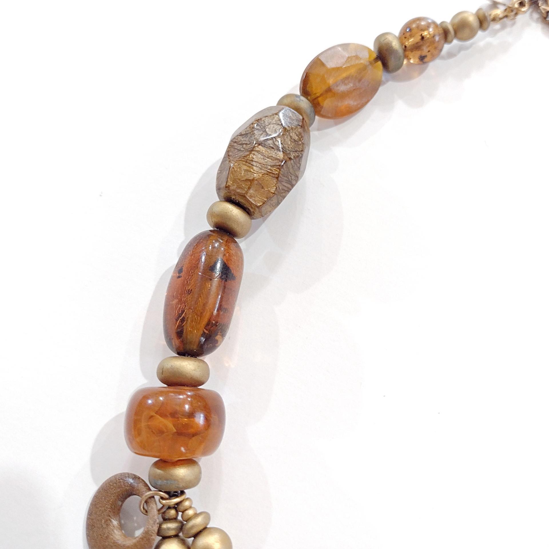 Vintage Brown and Amber Beaded, Gold Tone Rings and Bangles Chico's Statement Necklace, Adjustable 16" to 20"