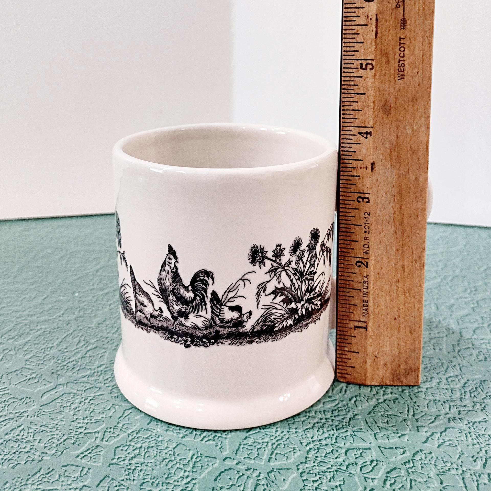 Vintage Black and White Toile Rooster, Chicken, Ducks, and Flowers Ceramic Coffee Mug