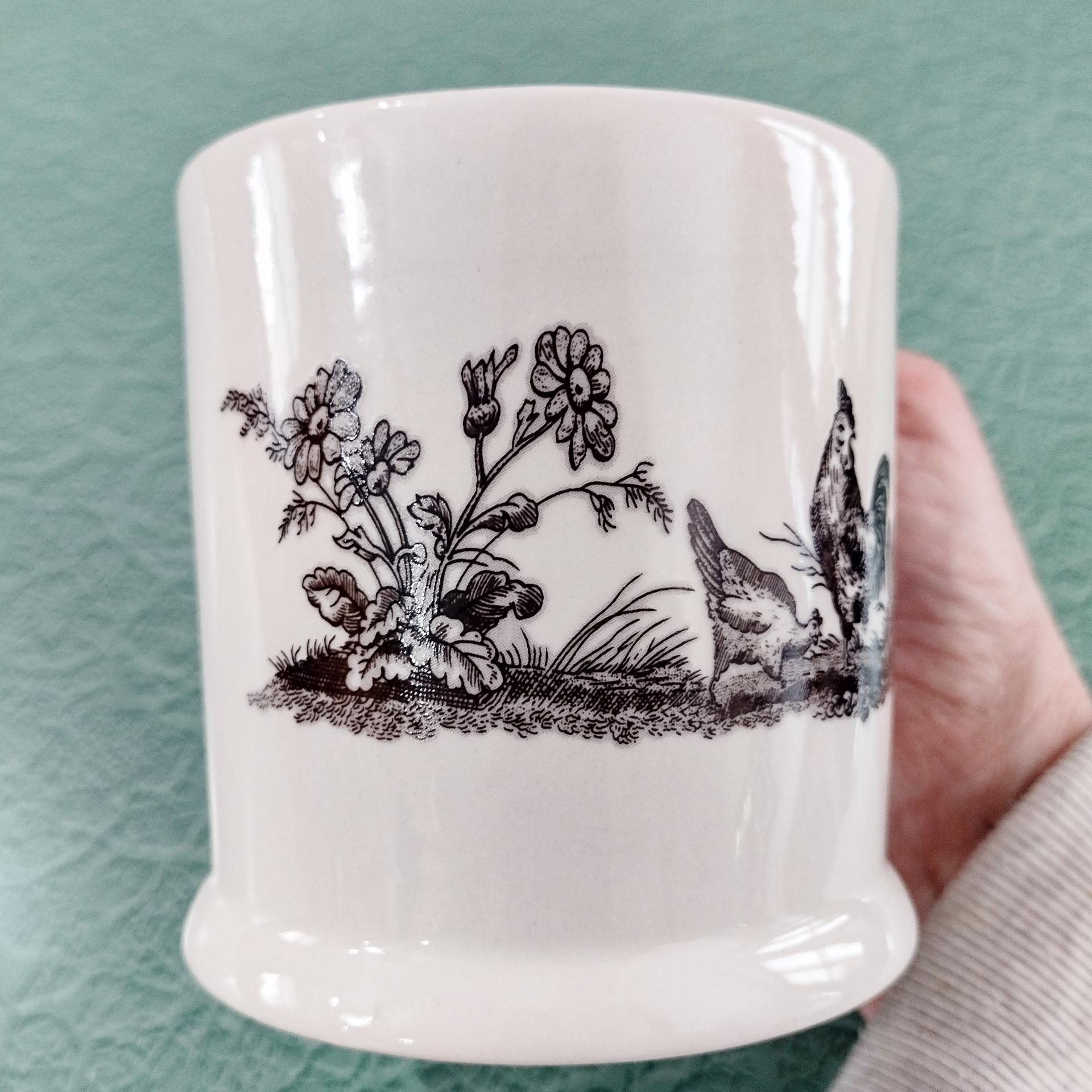 Vintage Black and White Toile Rooster, Chicken, Ducks, and Flowers Ceramic Coffee Mug