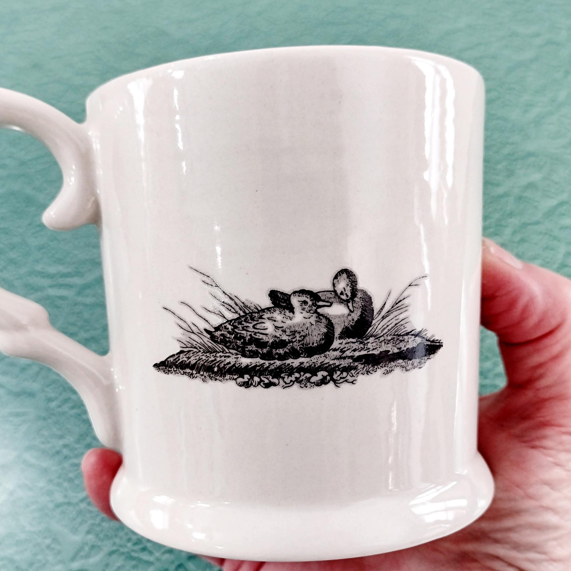 Vintage Black and White Toile Rooster, Chicken, Ducks, and Flowers Ceramic Coffee Mug