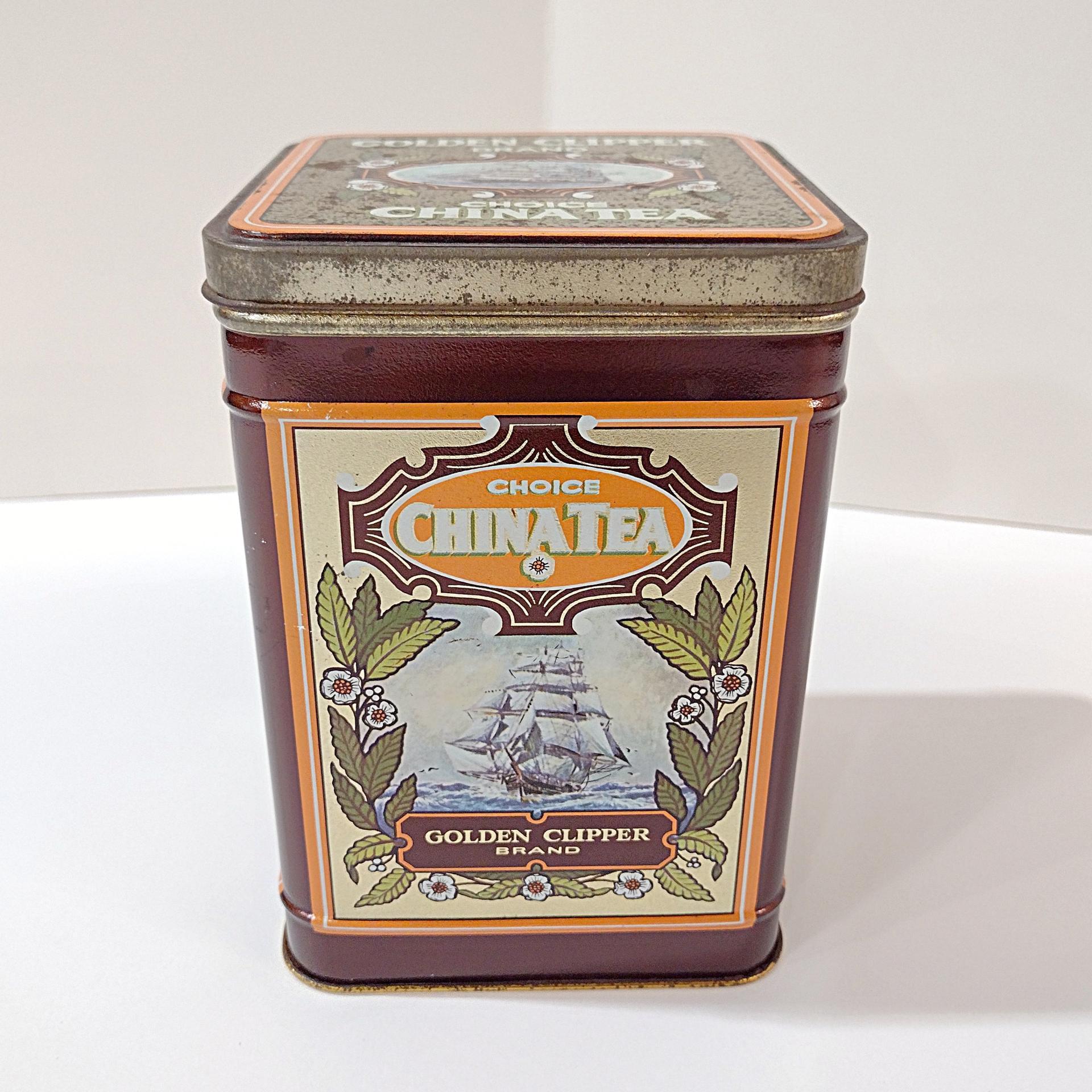 Vintage Golden Clipper Choice China Tea Hinged Lid Tin Storage Box, 1950's Tea Tin with Ship Design made in England