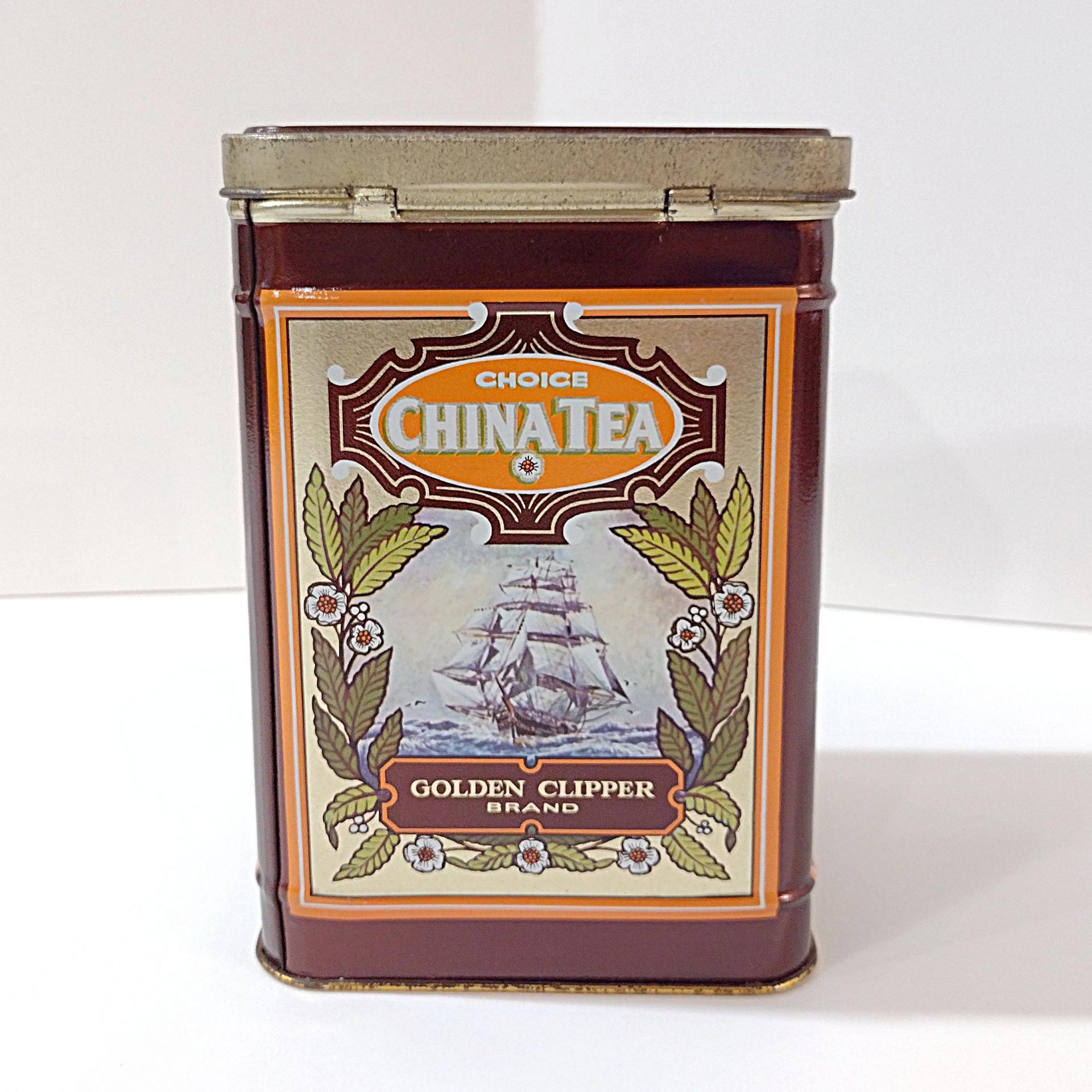 Vintage Golden Clipper Choice China Tea Hinged Lid Tin Storage Box, 1950's Tea Tin with Ship Design made in England