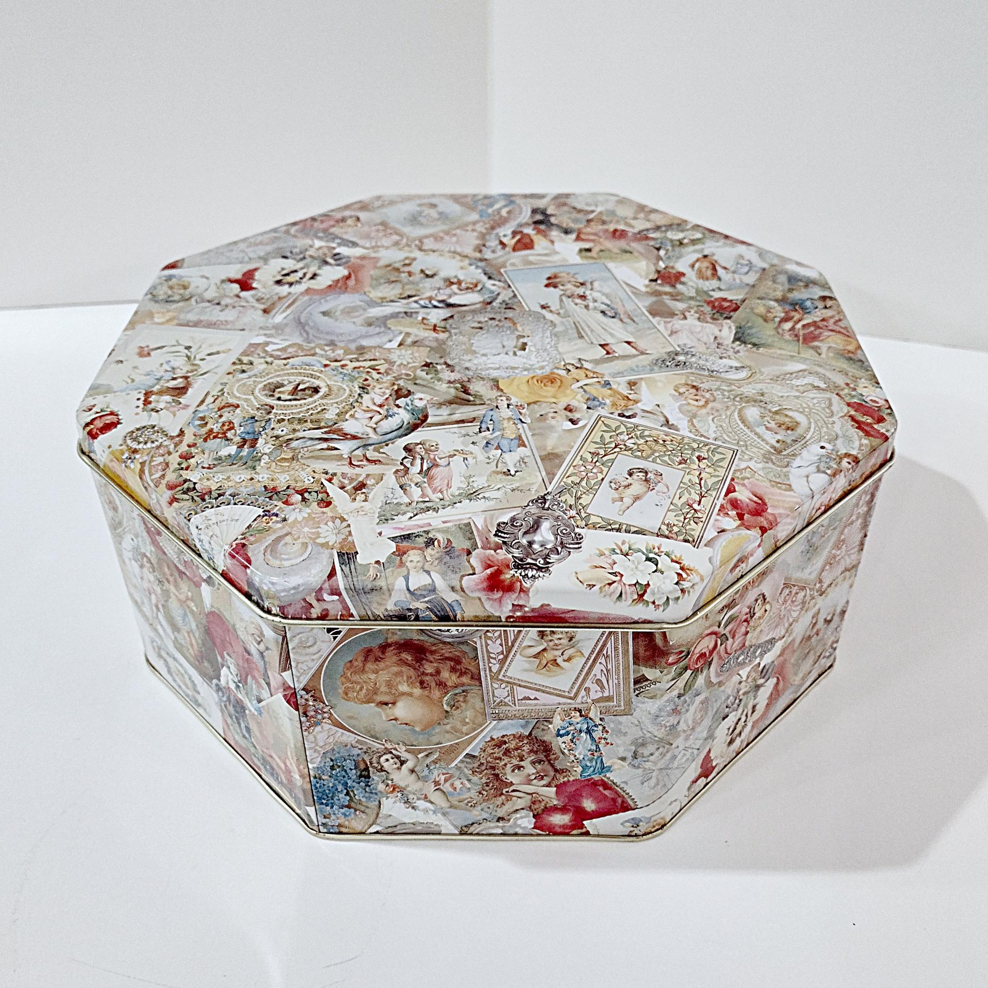 Vintage Victorian Cherub and Angel Octagonal Metal Tin Box, Large Romantic Storage Container