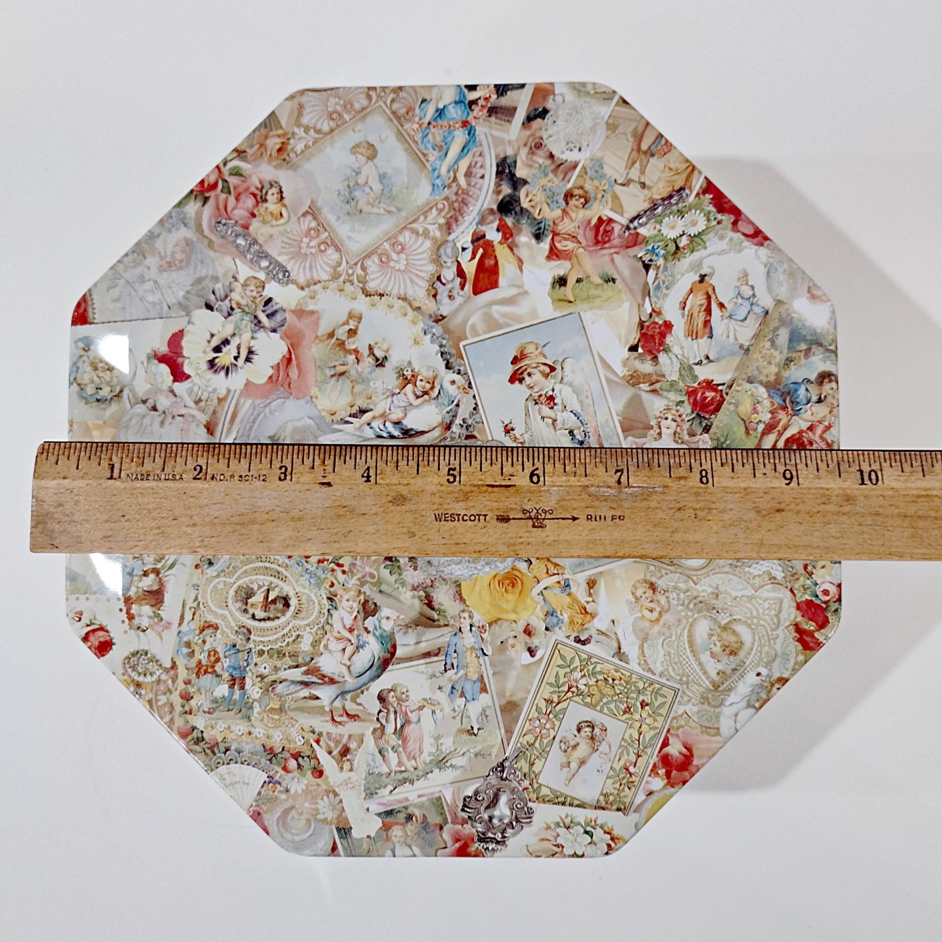Vintage Victorian Cherub and Angel Octagonal Metal Tin Box, Large Romantic Storage Container