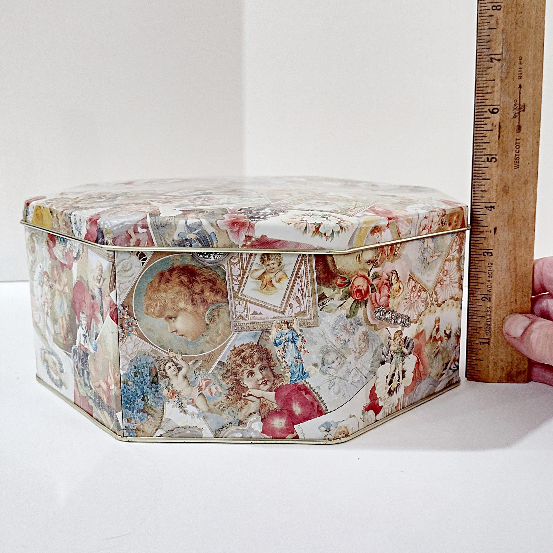 Vintage Victorian Cherub and Angel Octagonal Metal Tin Box, Large Romantic Storage Container
