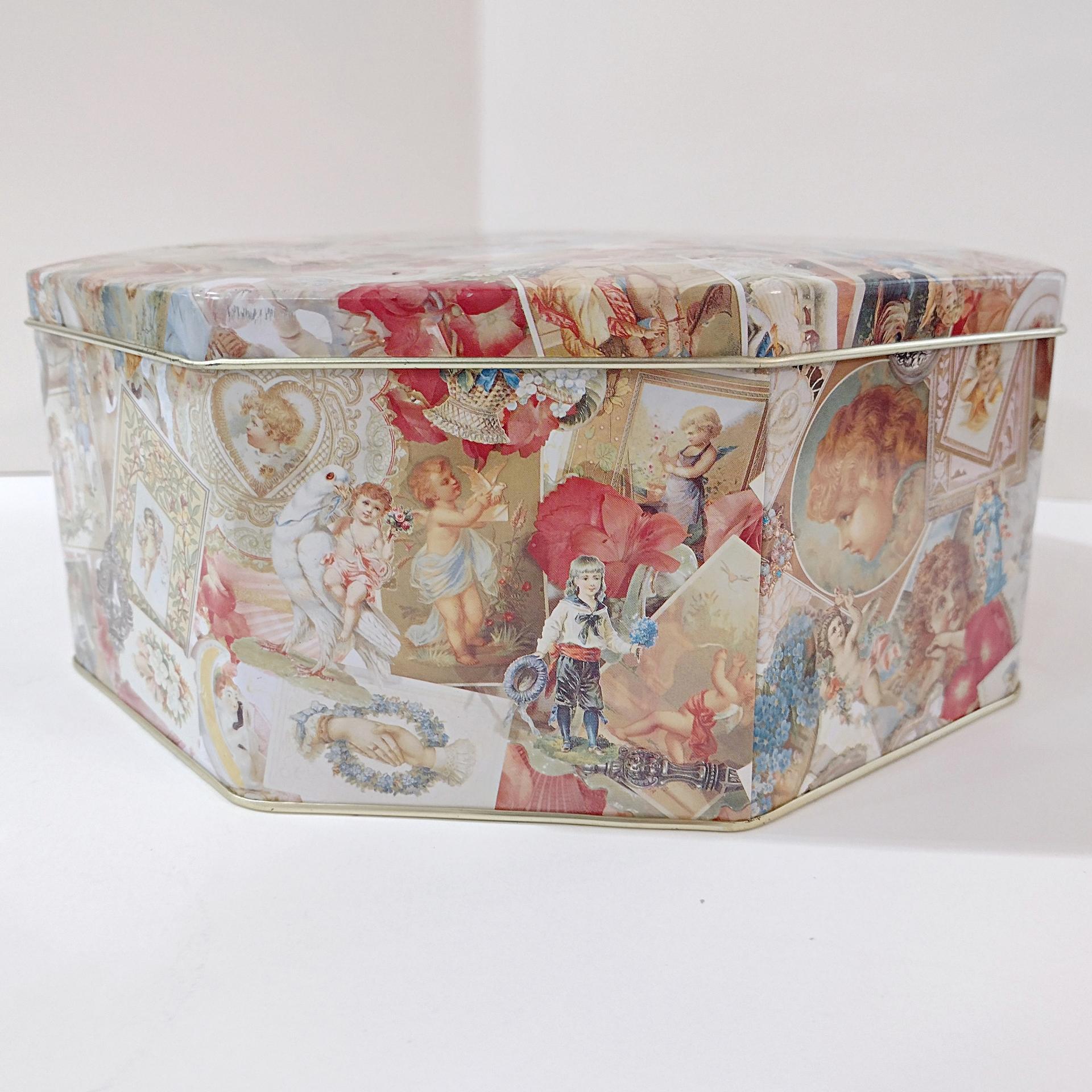 Vintage Victorian Cherub and Angel Octagonal Metal Tin Box, Large Romantic Storage Container