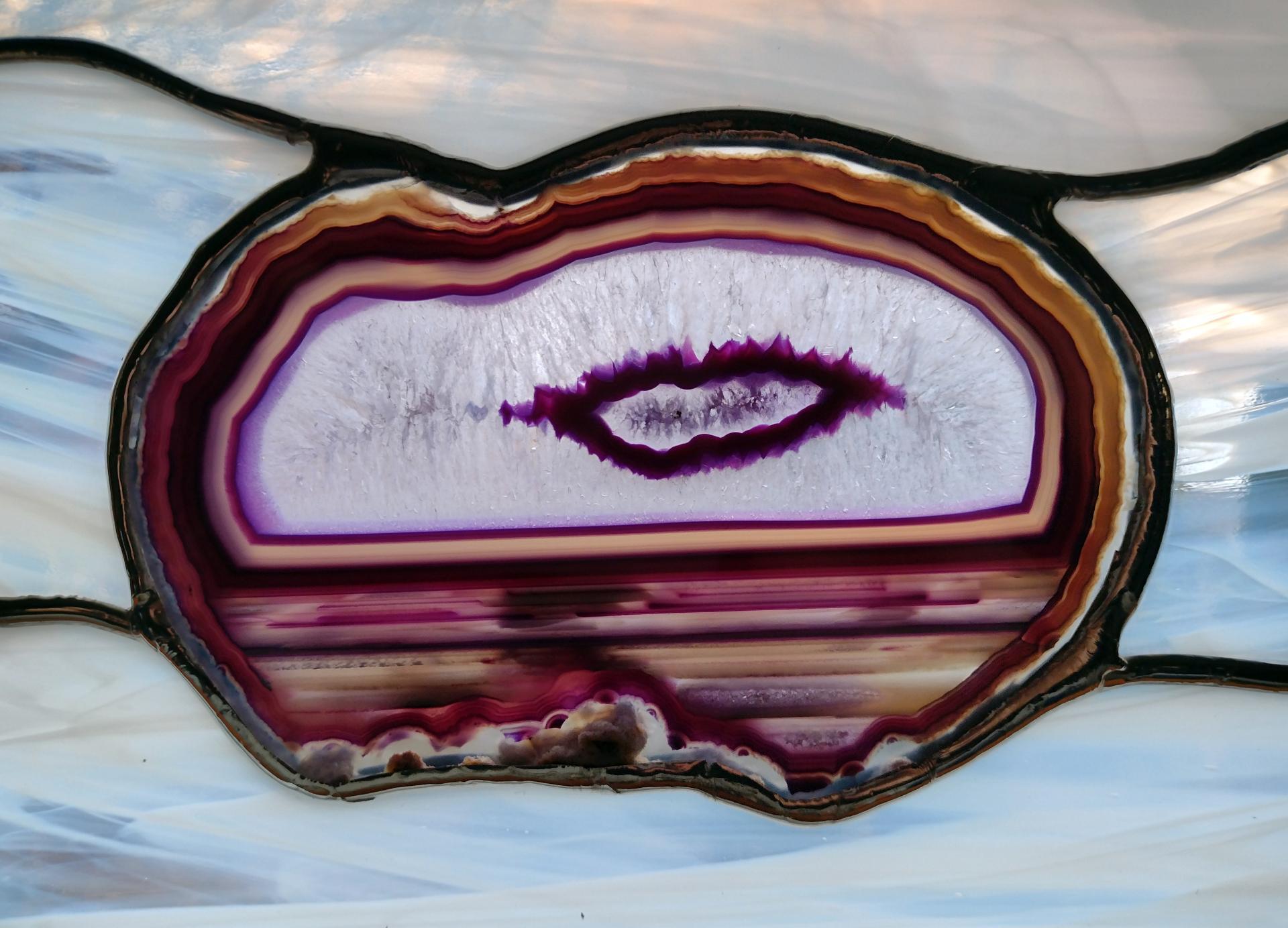 Stained Glass Cloud Suncatcher with Purple Dyed Agate Geode Crystal