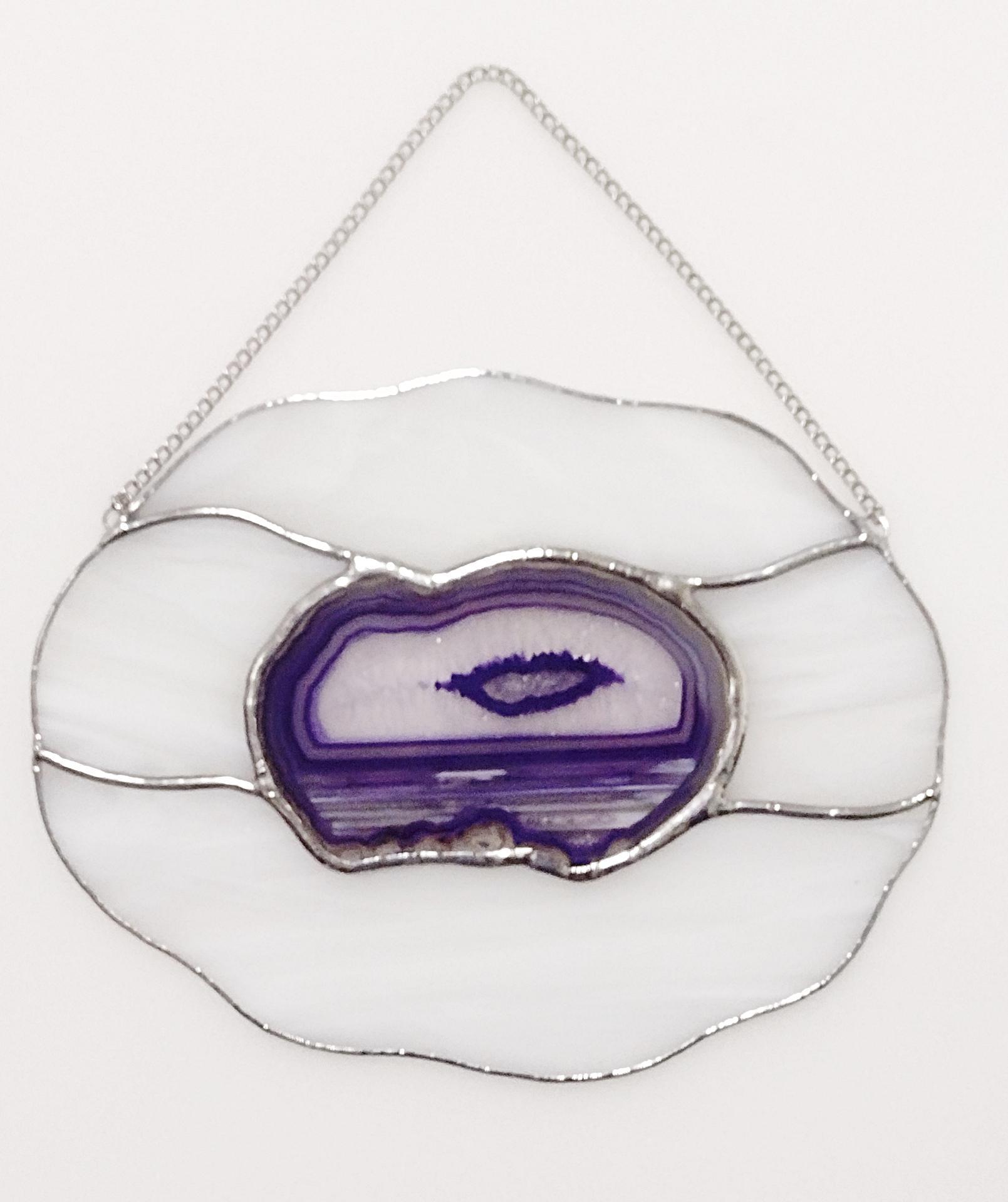 Stained Glass Cloud Suncatcher with Purple Dyed Agate Geode Crystal
