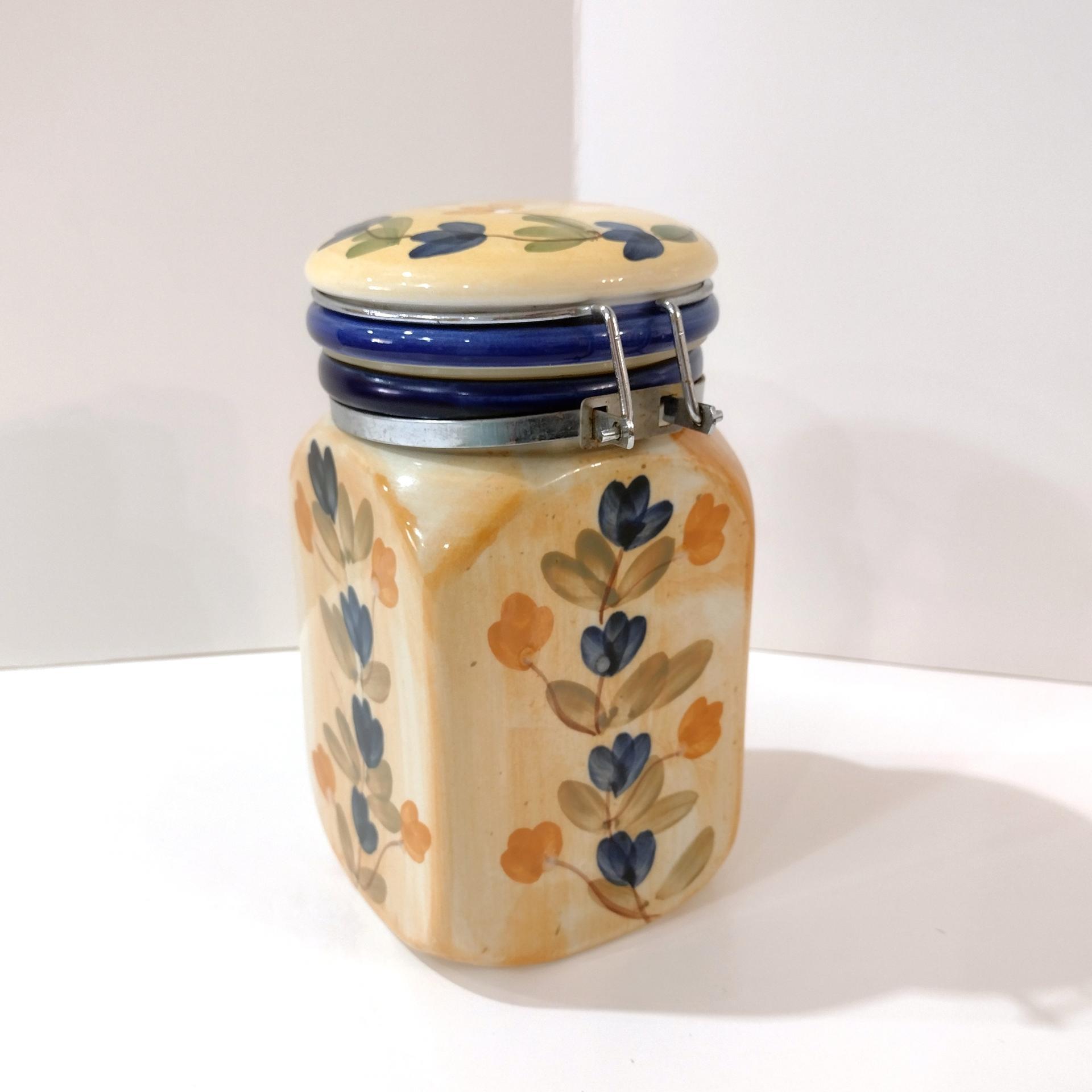 Vintage Tuscan Style Painted Ceramic Clamp Lid Jar, Airtight Cannister Storage Container
