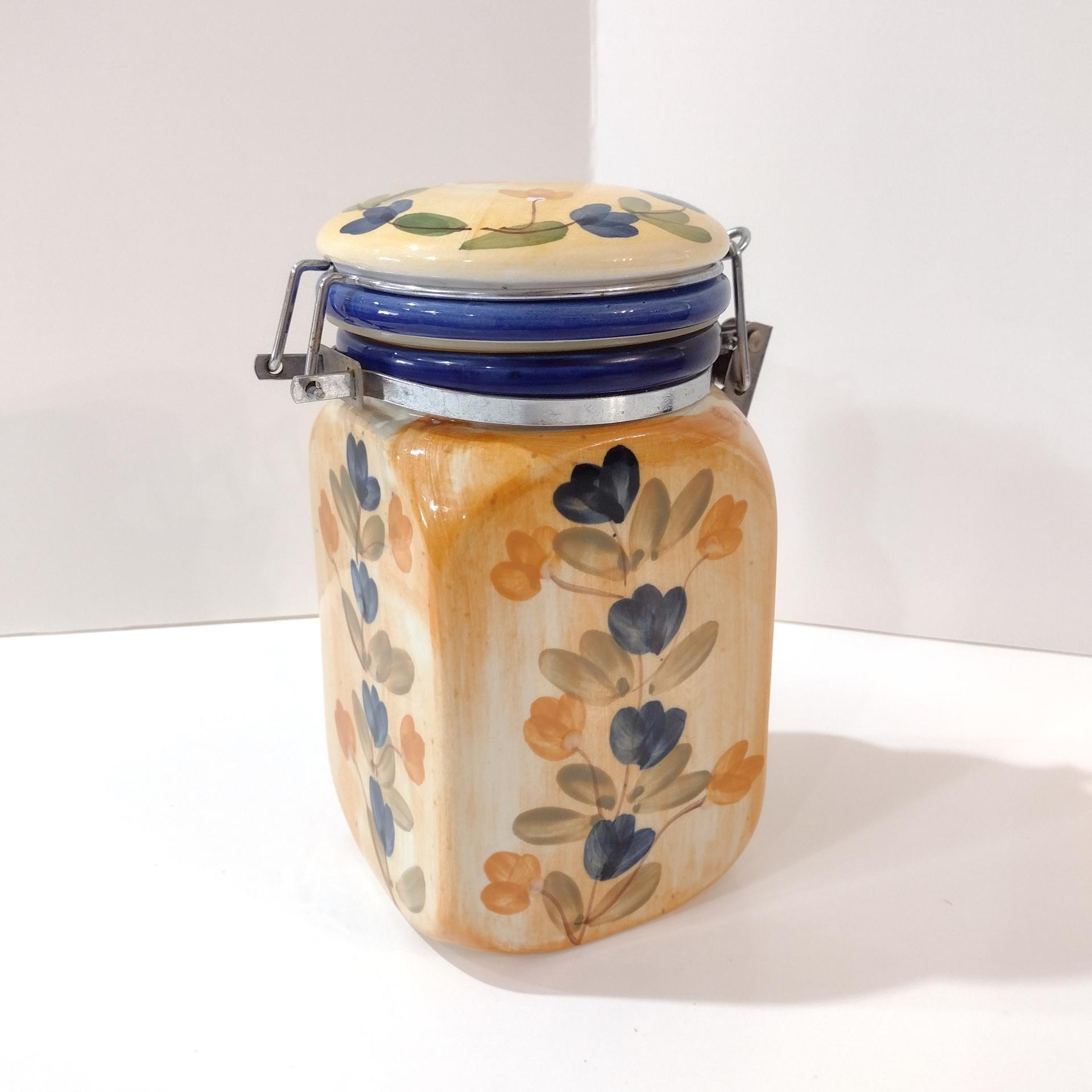 Vintage Tuscan Style Painted Ceramic Clamp Lid Jar, Airtight Cannister Storage Container