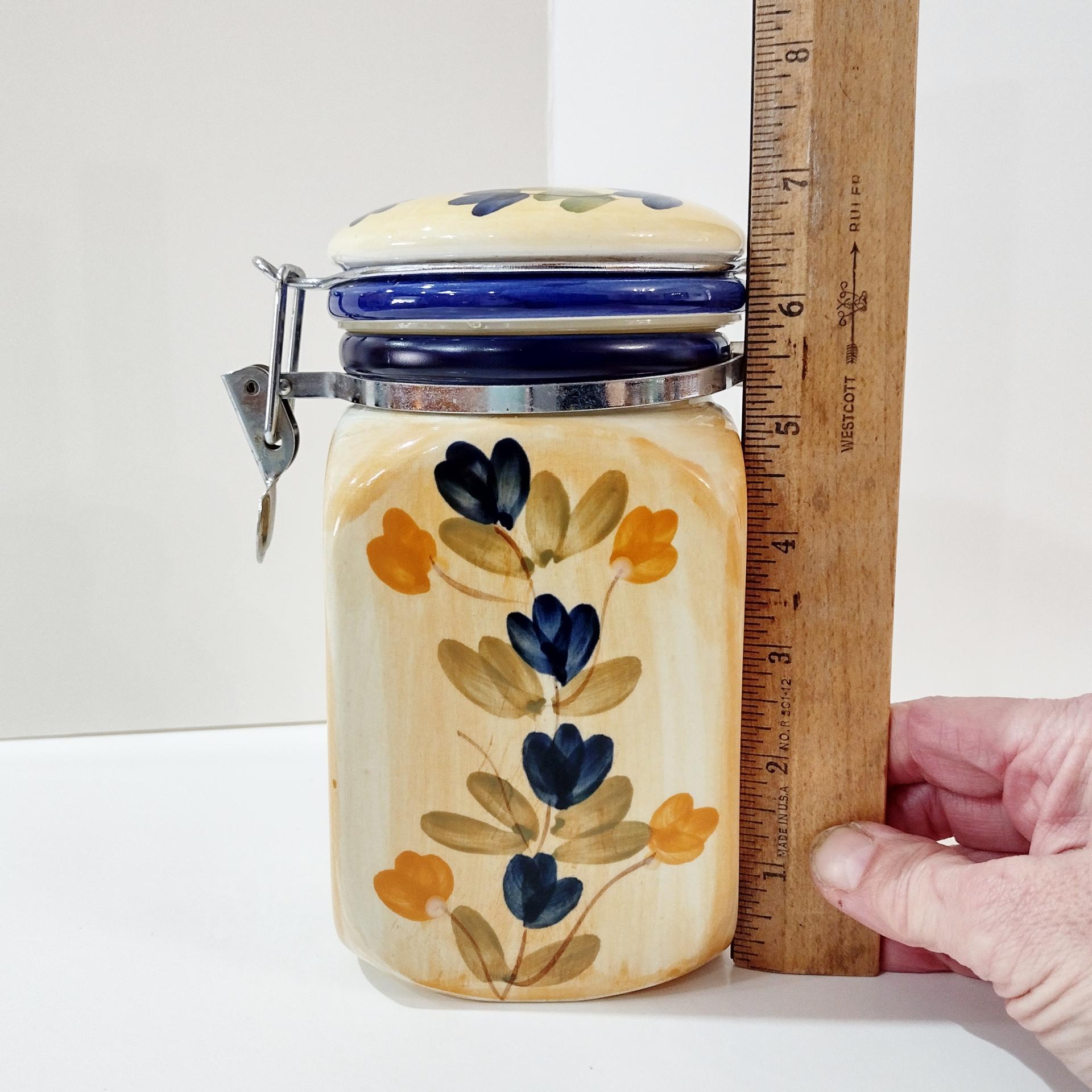 Vintage Tuscan Style Painted Ceramic Clamp Lid Jar, Airtight Cannister Storage Container