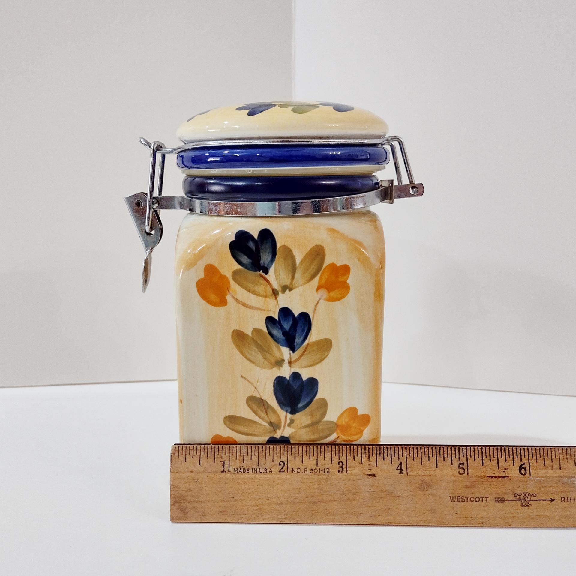 Vintage Tuscan Style Painted Ceramic Clamp Lid Jar, Airtight Cannister Storage Container