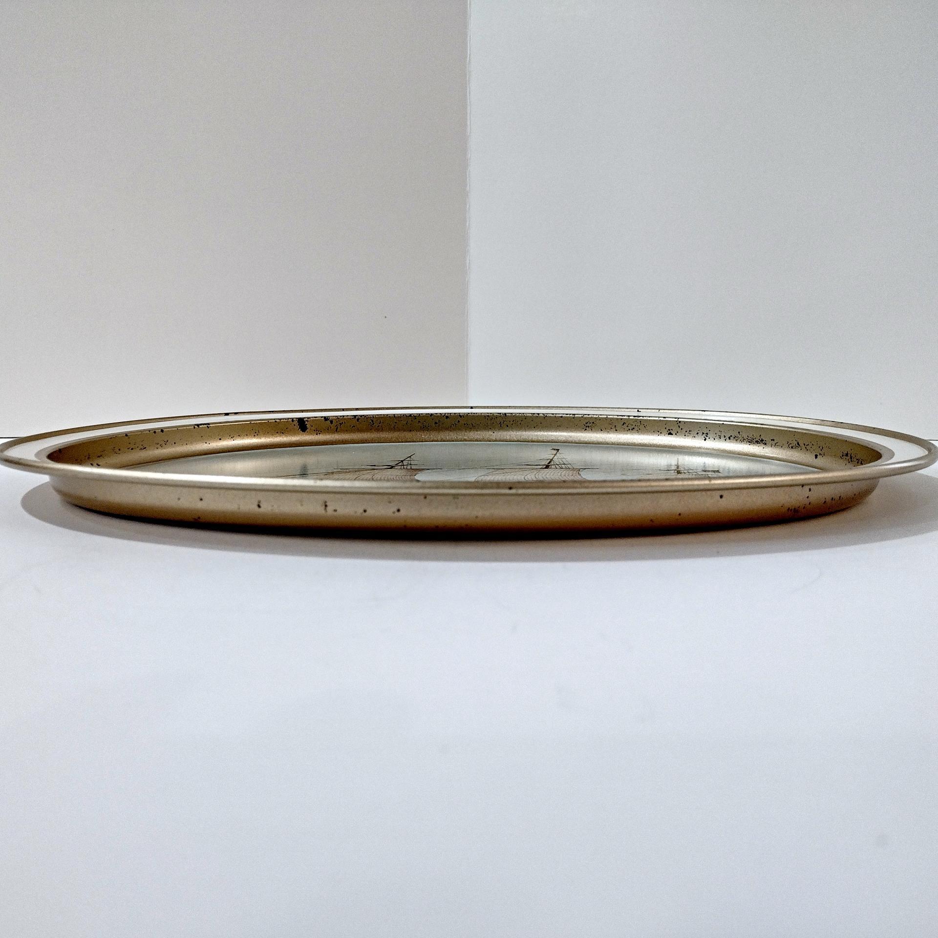 Vintage Currier and Ives Clipper Ship Red Jacket Oval Metal Serving Tray, Sunshine Biscuits Collectible Tray