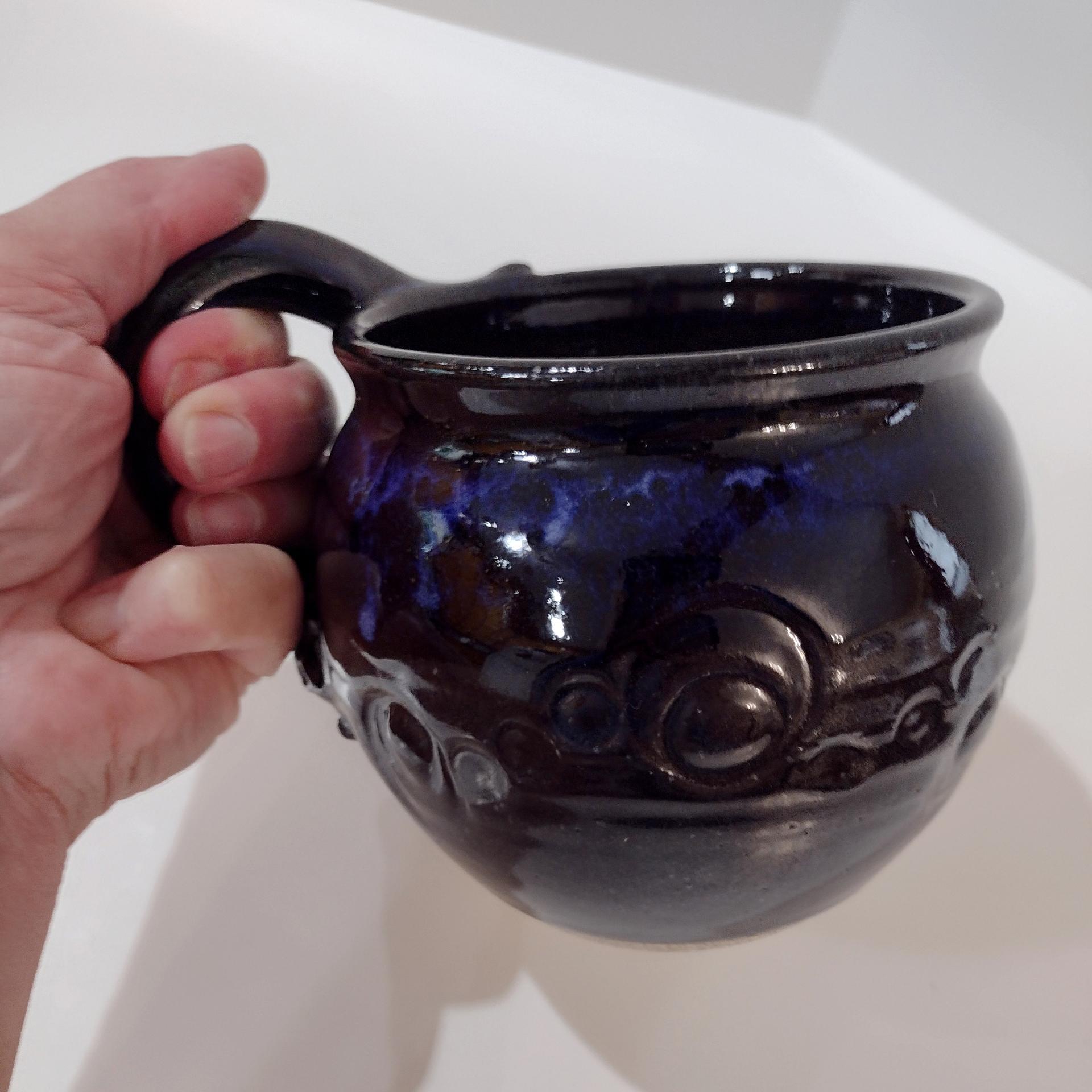 Vintage Artisan Hand Crafted Ceramic Mug, Left Handed Oversized Coffee Tea Mug, Blue and Brown Small Planter Pot