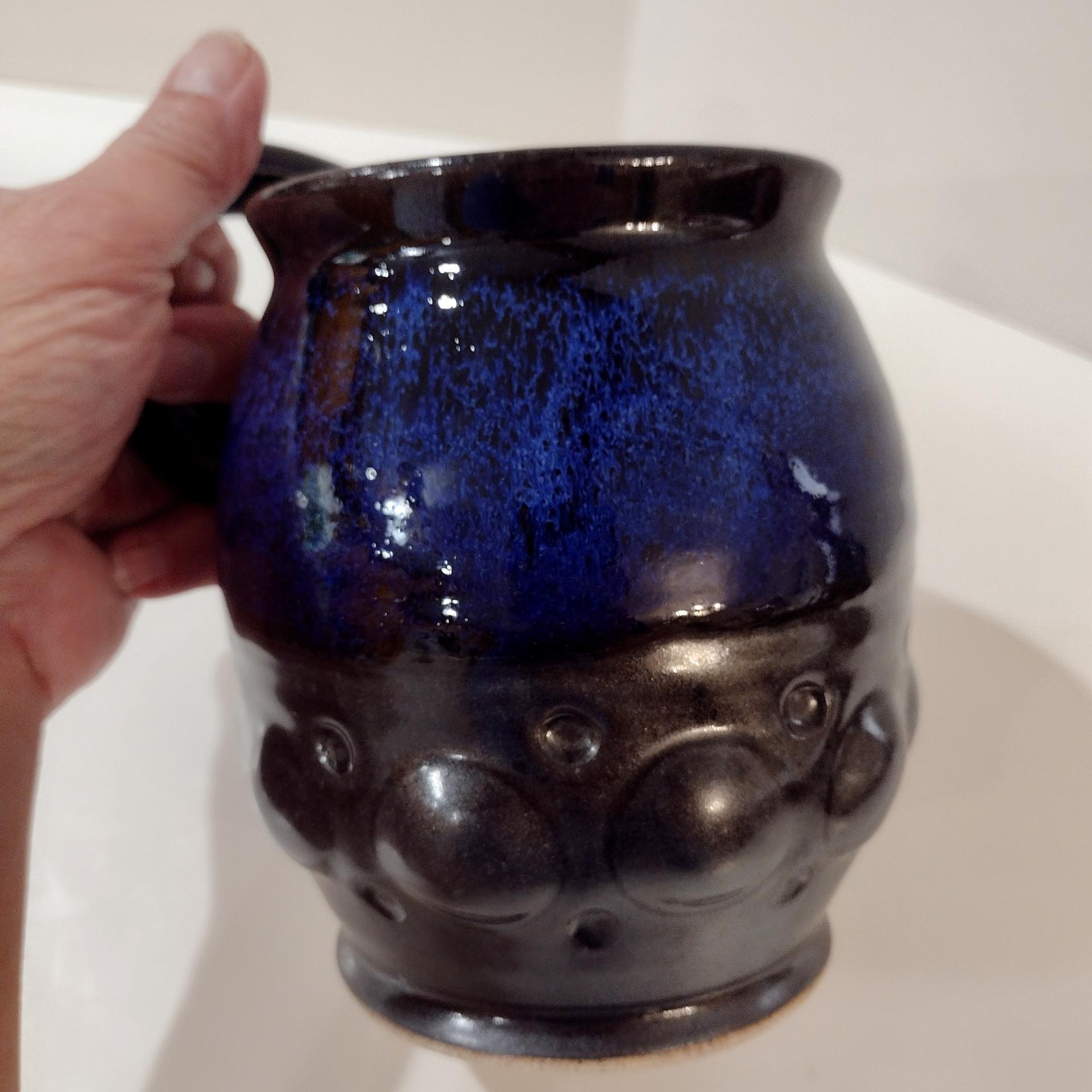 Vintage Artisan Hand Crafted Ceramic Beer Mug, Left Handed Oversized Coffee Tea Mug, Blue and Brown Small Planter Pot