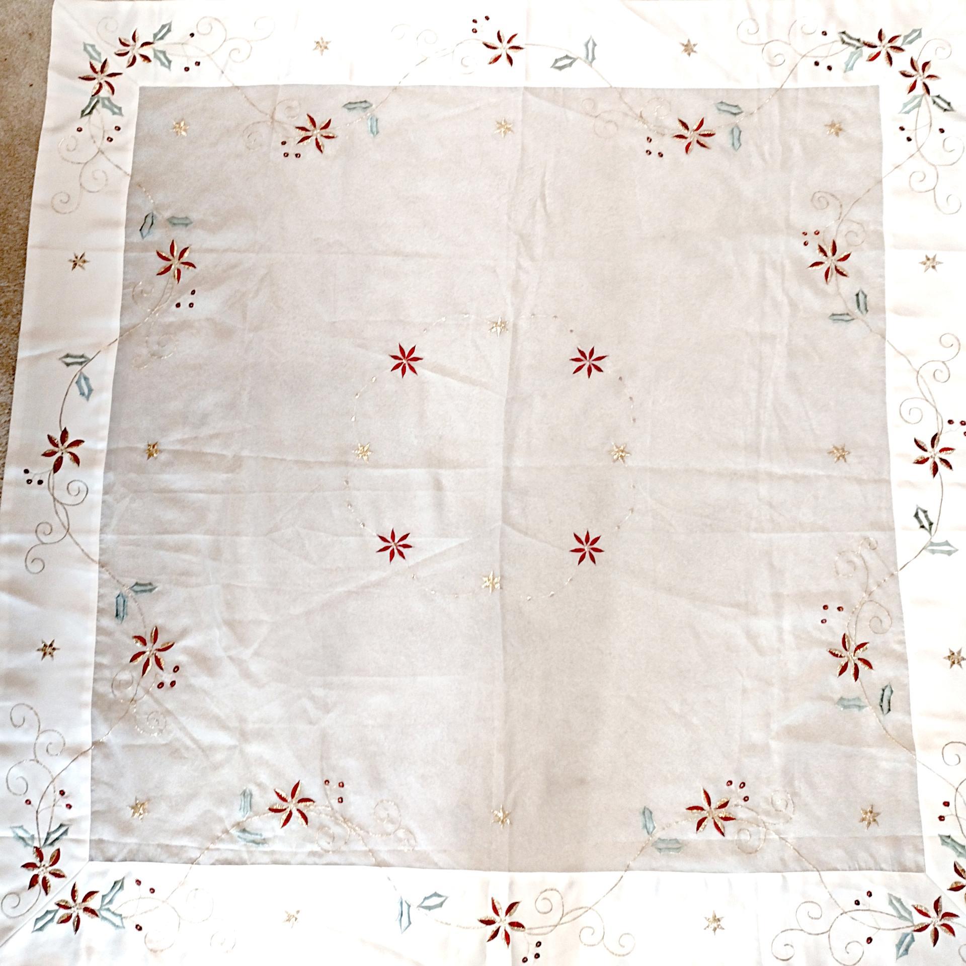 Vintage Hand Embroidered Square Holiday Christmas Tablecloth with Holly, Flower, and Star Design