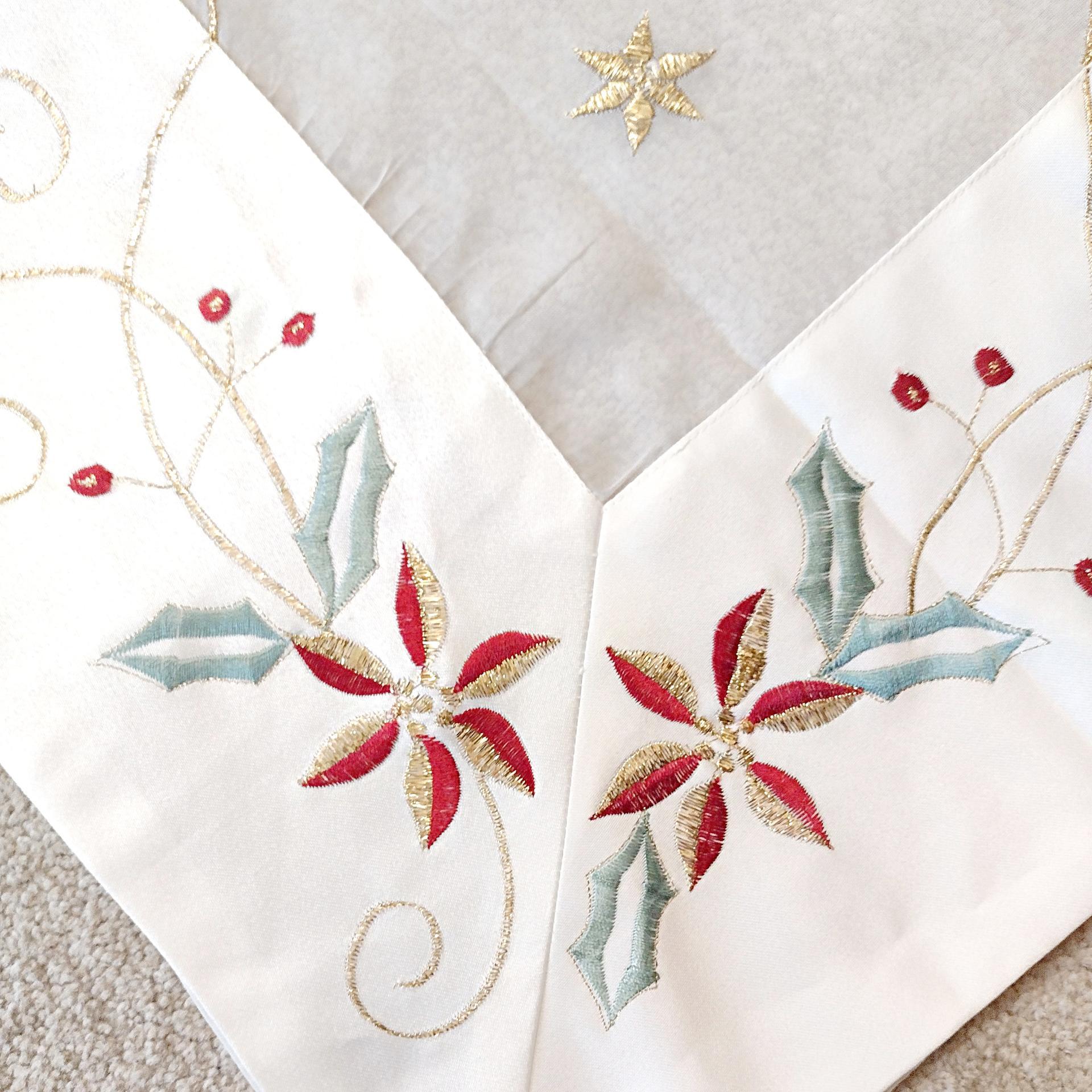 Vintage Hand Embroidered Square Holiday Christmas Tablecloth with Holly, Flower, and Star Design