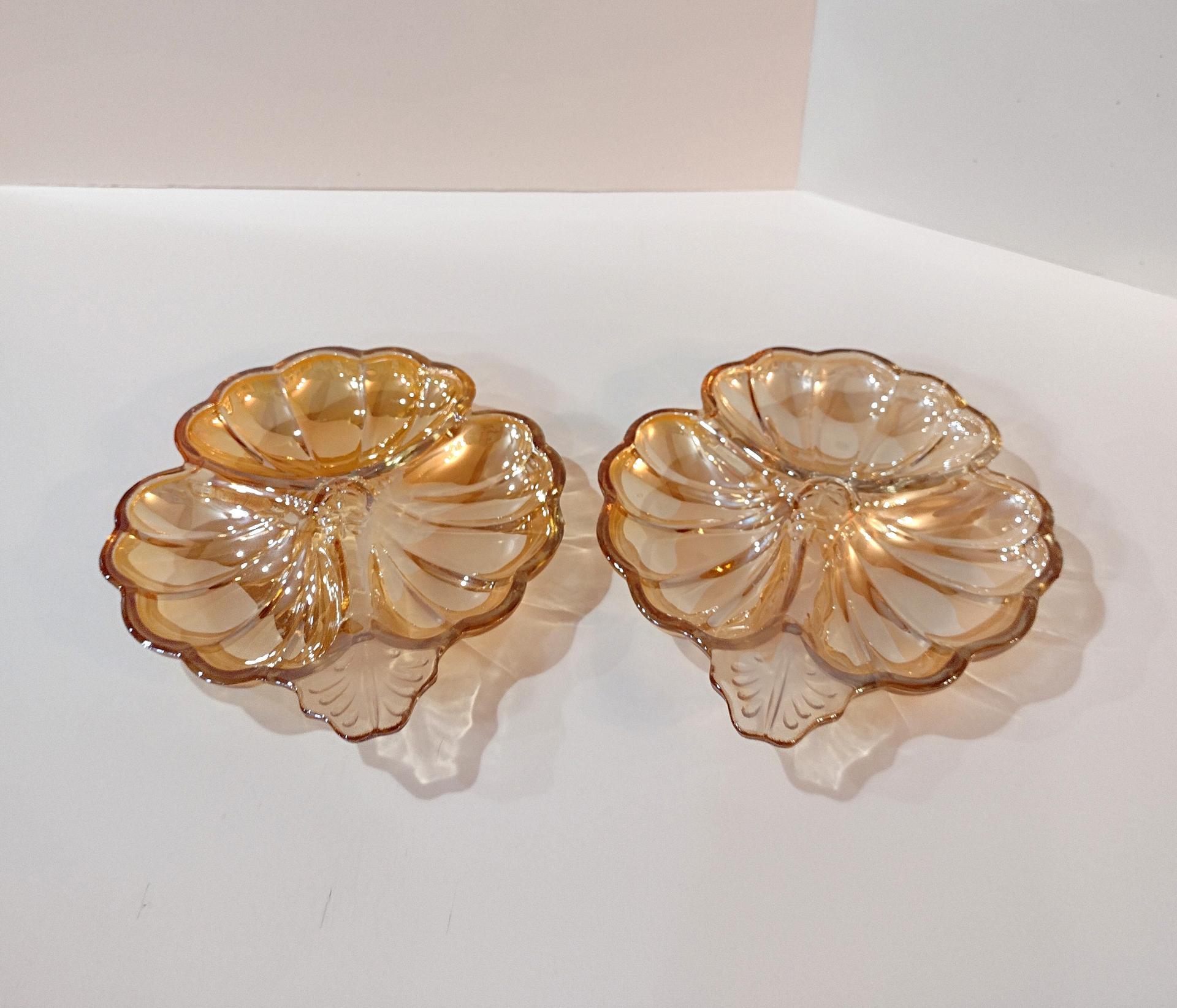 Vintage Jeanette Glass Marigold Doric Iridescent Clover Candy Nut Dishes, Set of Two, Vintage Carnival Glass