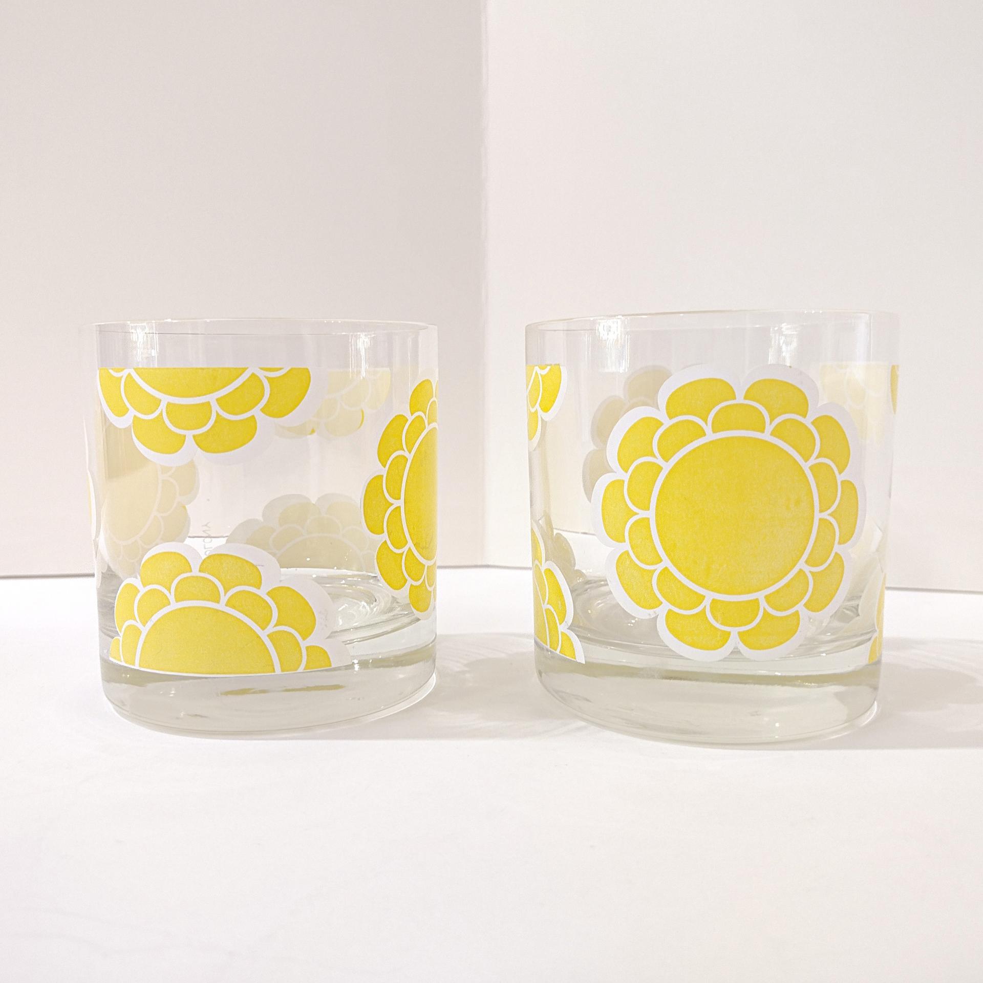 Vintage Colony Indiana Glass Yellow Flower Lowball Whiskey Glasses, Set of 2, MCM Floral Barware