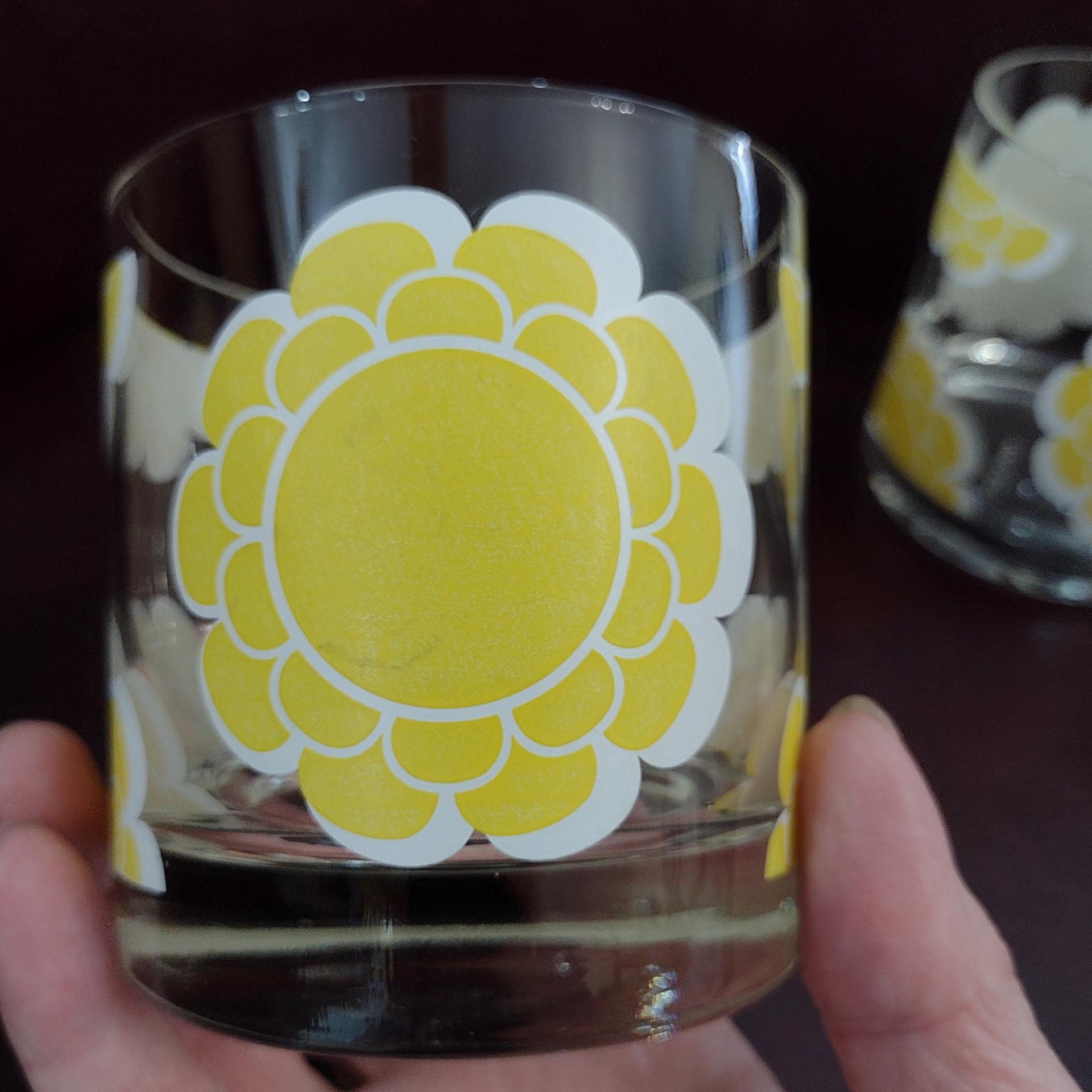 Vintage Colony Indiana Glass Yellow Flower Lowball Whiskey Glasses, Set of 2, MCM Floral Barware