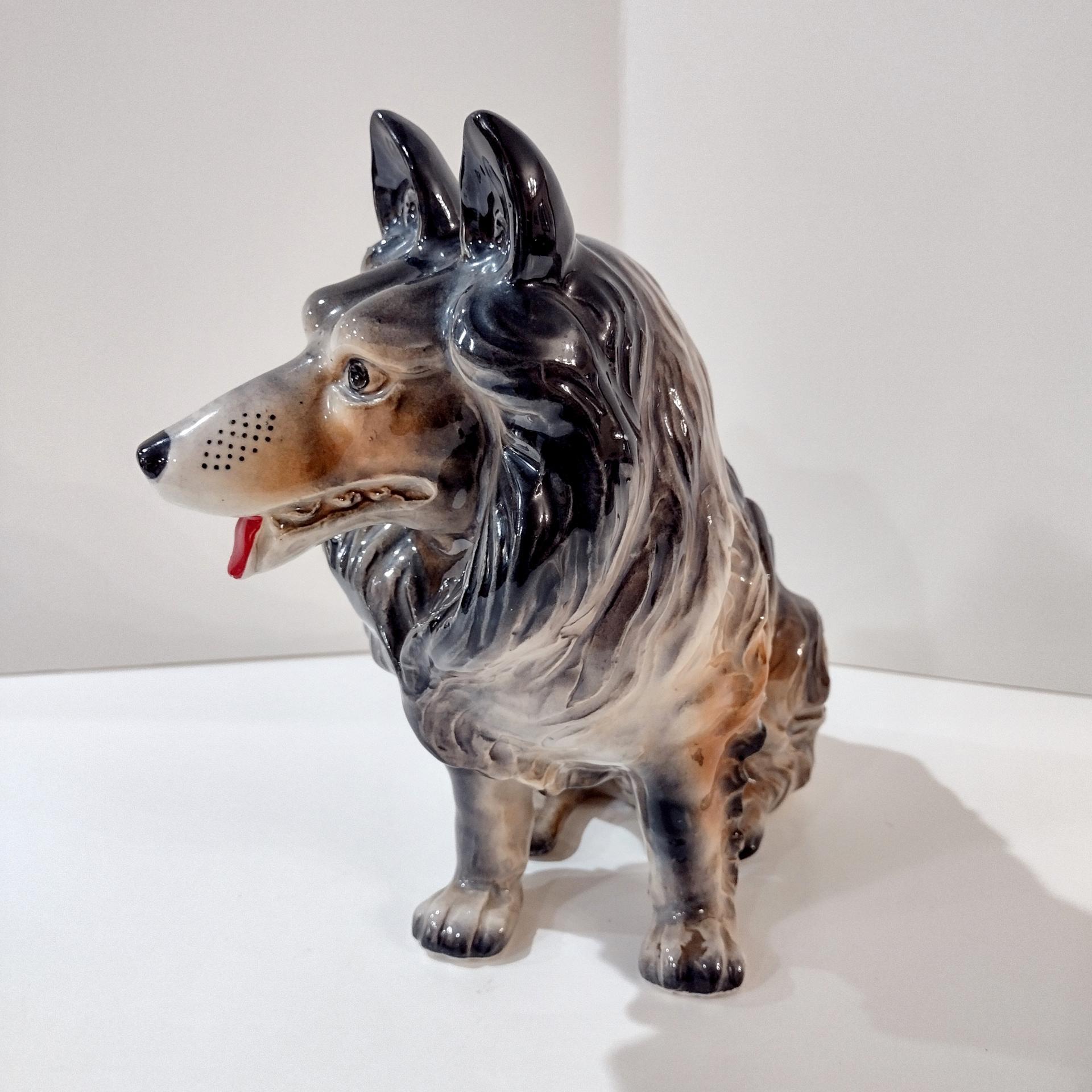 Vintage Ceramic Rough Collie Lassie Dog Planter Pot, 1950's Animal Planter