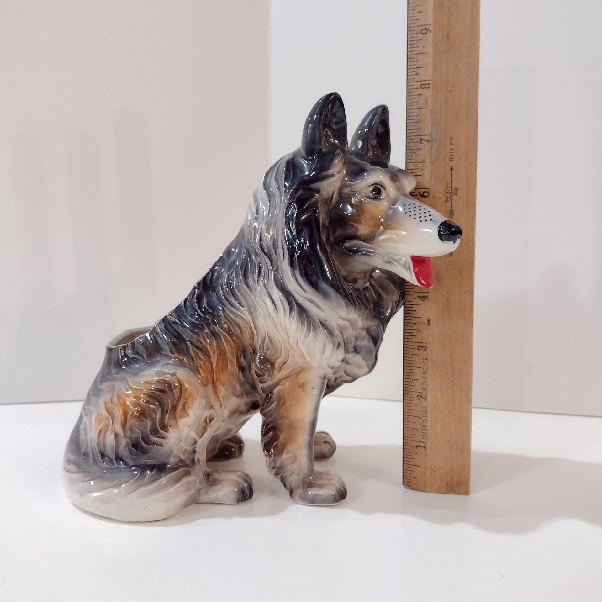 Vintage Ceramic Rough Collie Lassie Dog Planter Pot, 1950's Animal Planter