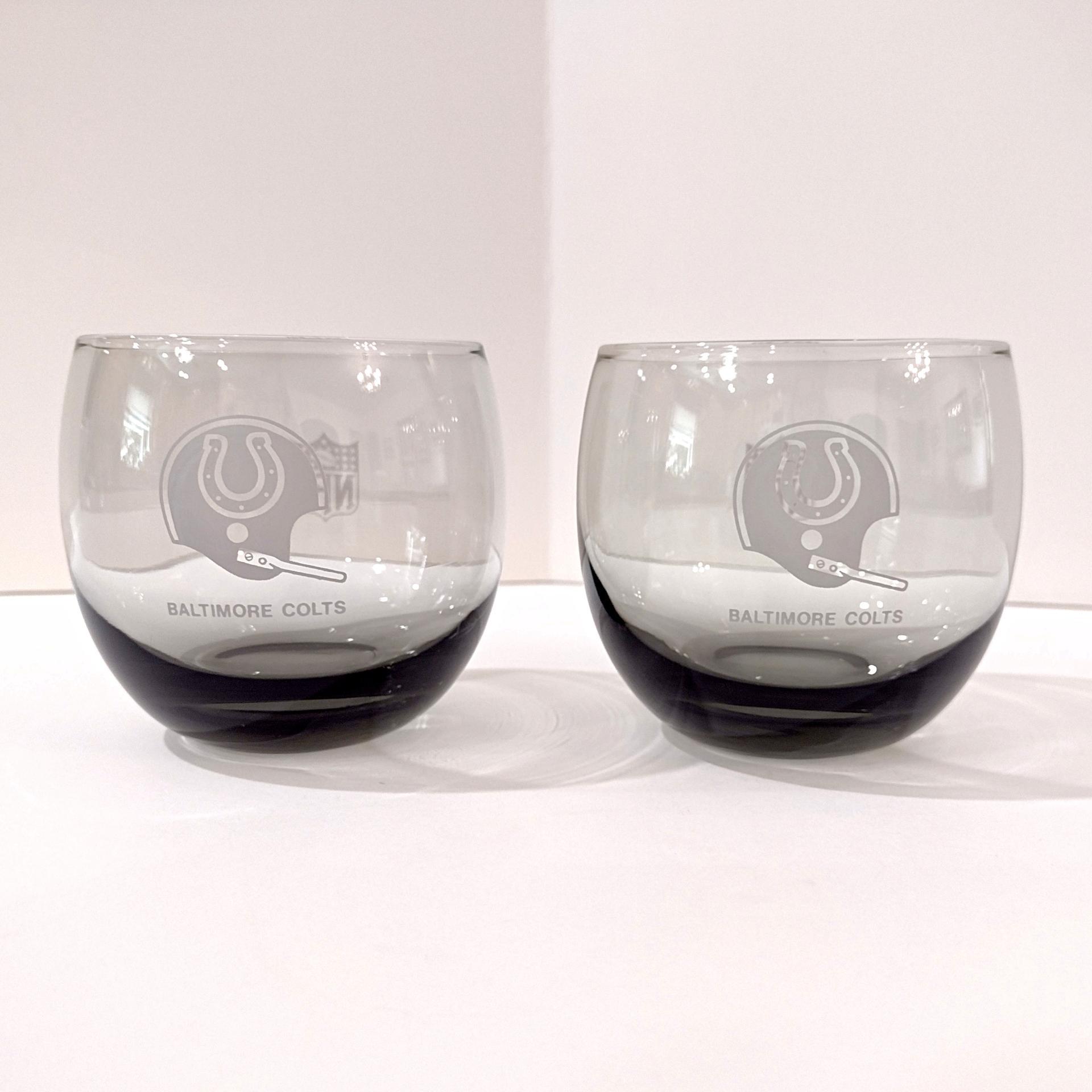 Vintage Baltimore Colts NFL Team Smoky Gray Lowball Whiskey Glasses, Set of Two