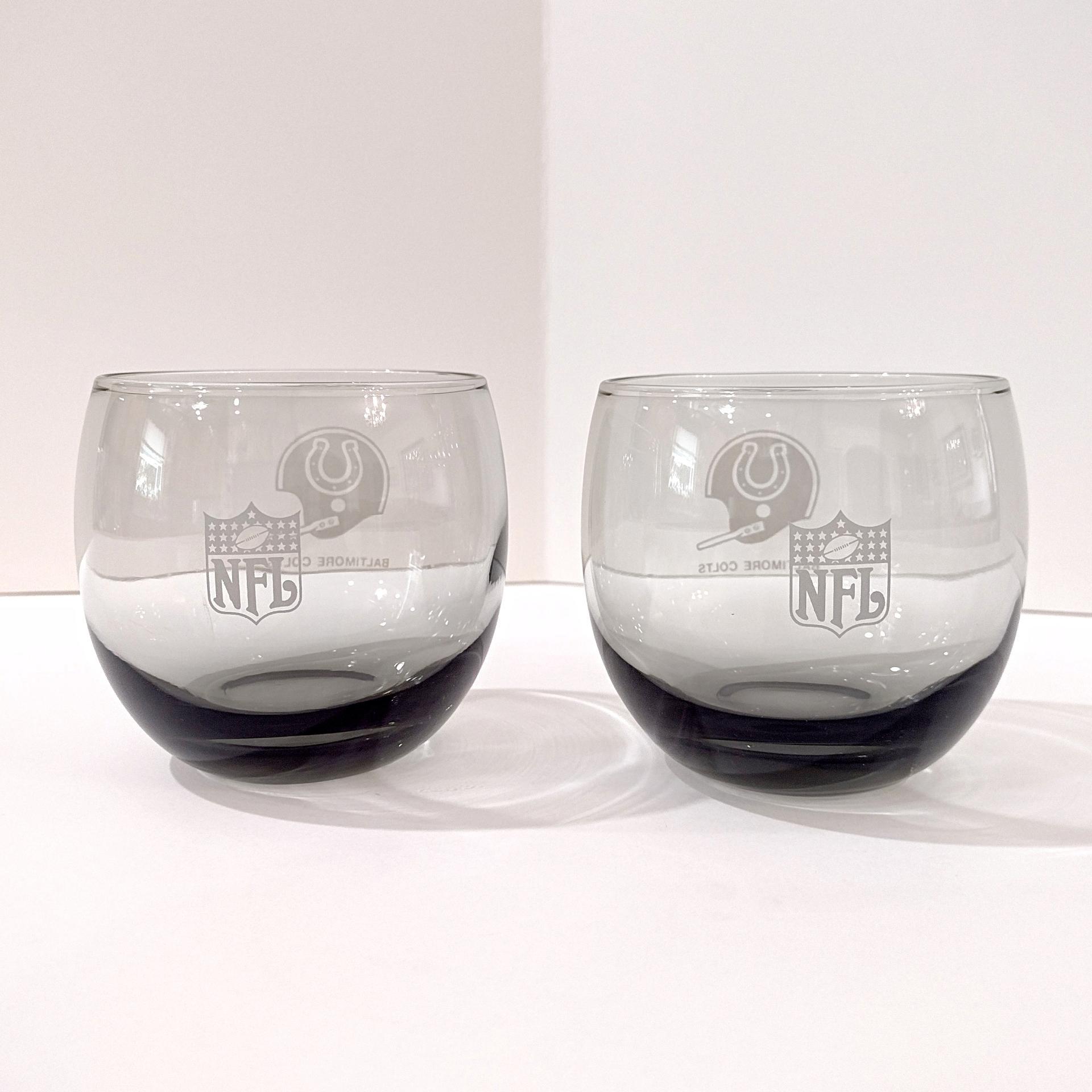 Vintage Baltimore Colts NFL Team Smoky Gray Lowball Whiskey Glasses, Set of Two
