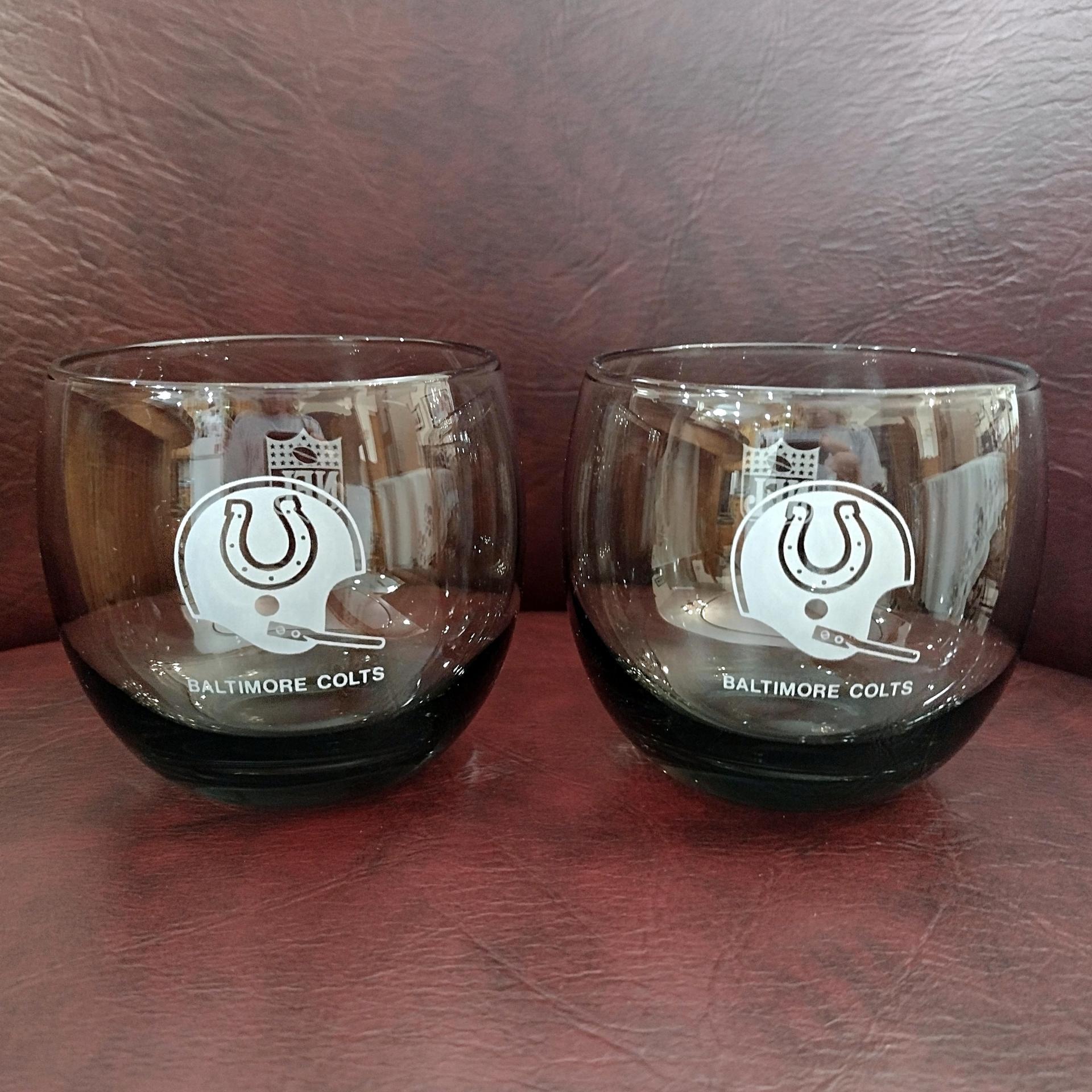 Vintage Baltimore Colts NFL Team Smoky Gray Lowball Whiskey Glasses, Set of Two