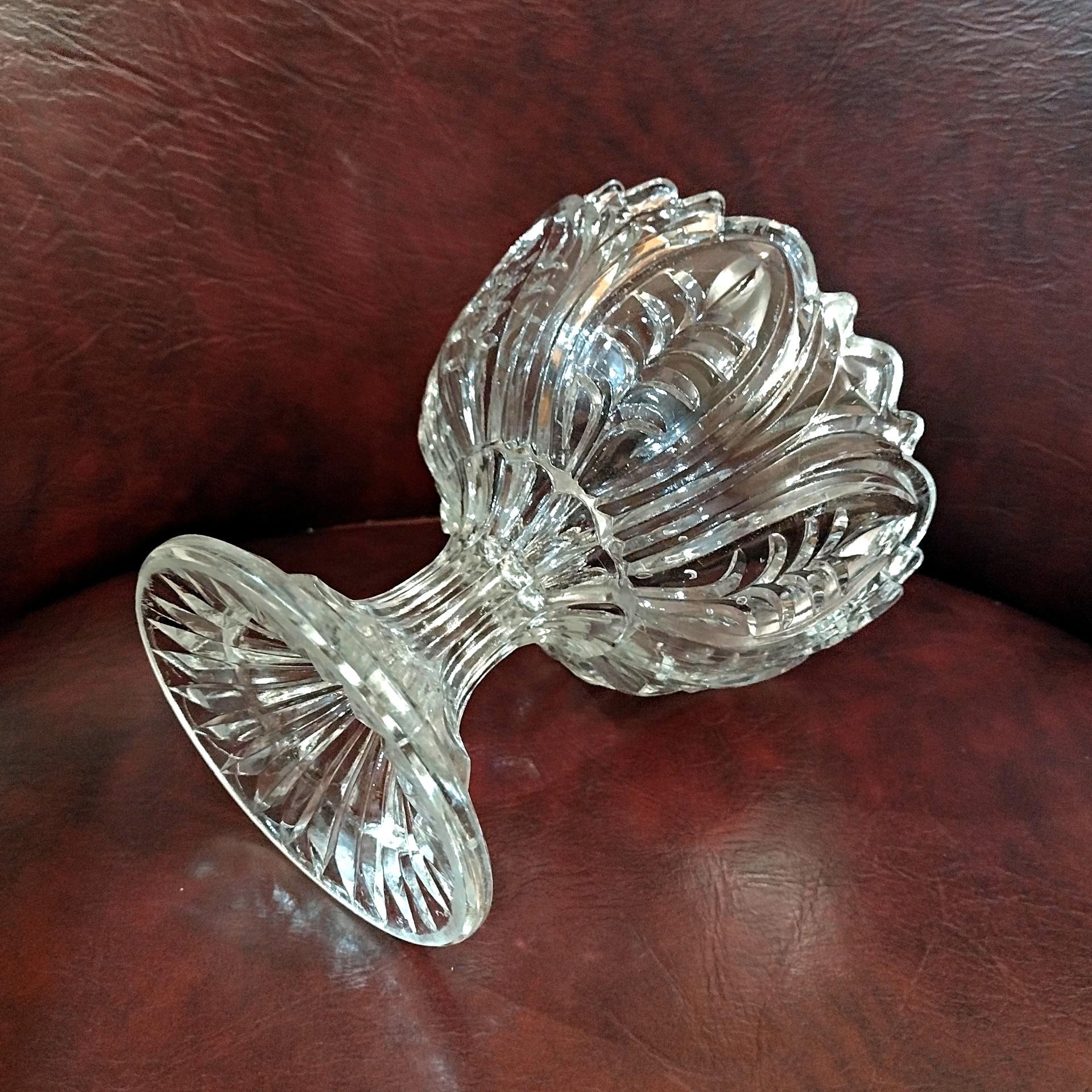 Antique Footed Cut Crystal Glass Compote, Vintage UV Reactive Glowing Glass Bowl