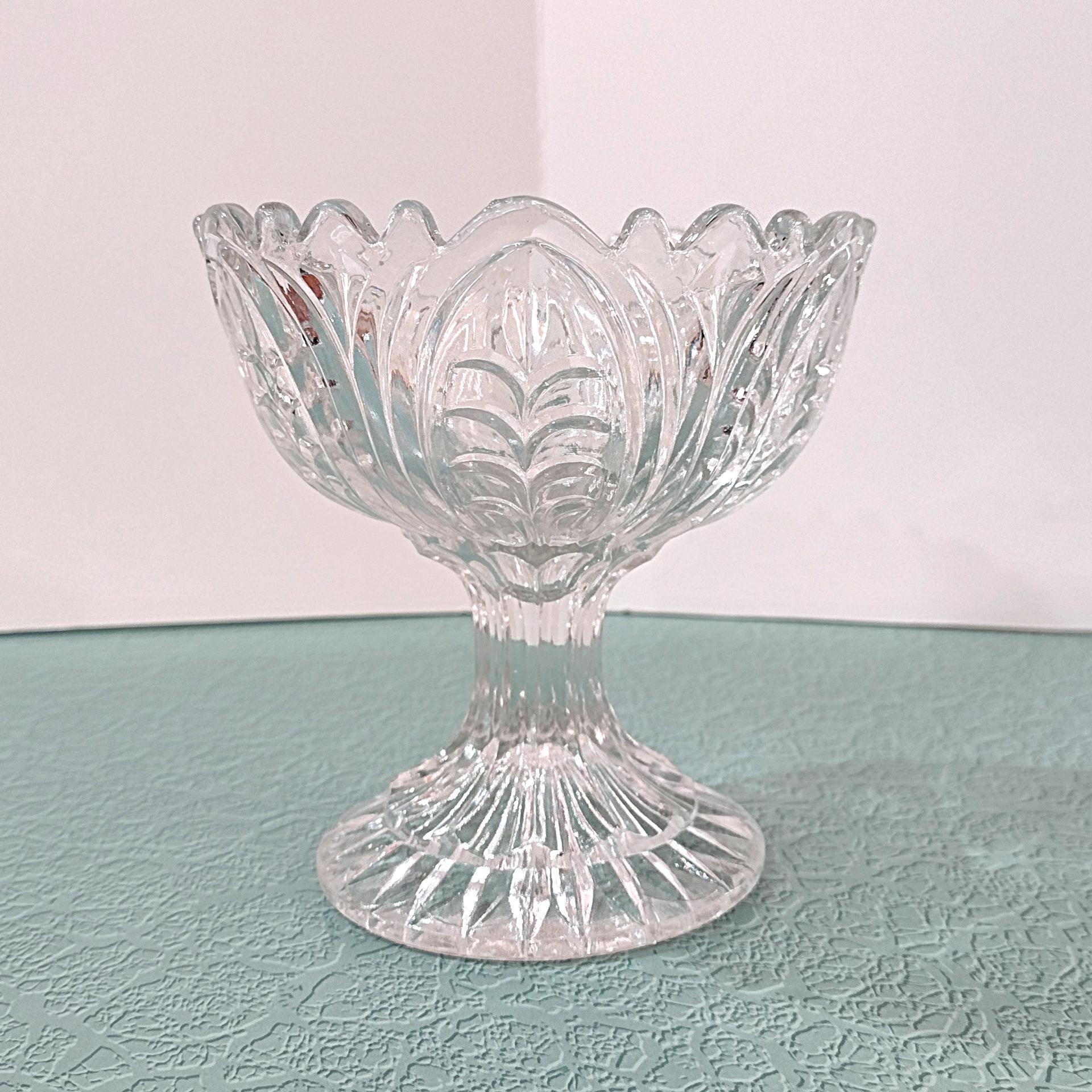 Antique Footed Cut Crystal Glass Compote, Vintage UV Reactive Glowing Glass Bowl