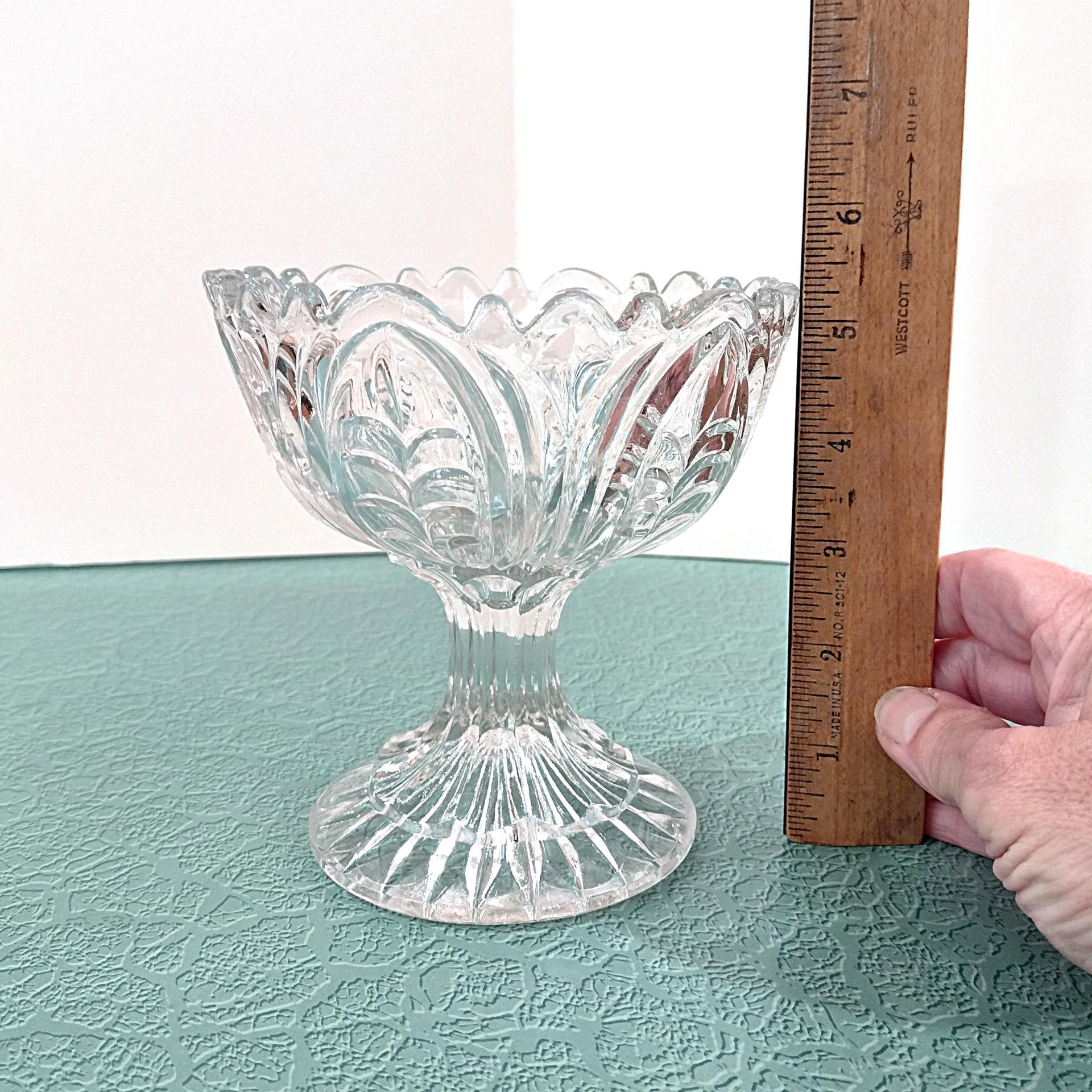 Antique Footed Cut Crystal Glass Compote, Vintage UV Reactive Glowing Glass Bowl