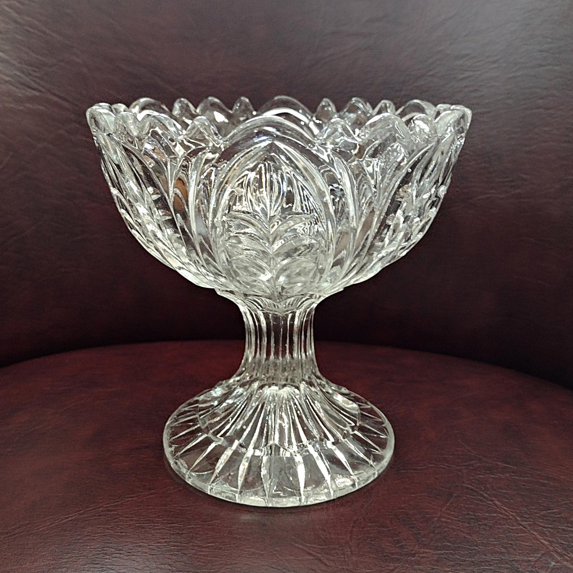 Antique Footed Cut Crystal Glass Compote, Vintage UV Reactive Glowing Glass Bowl