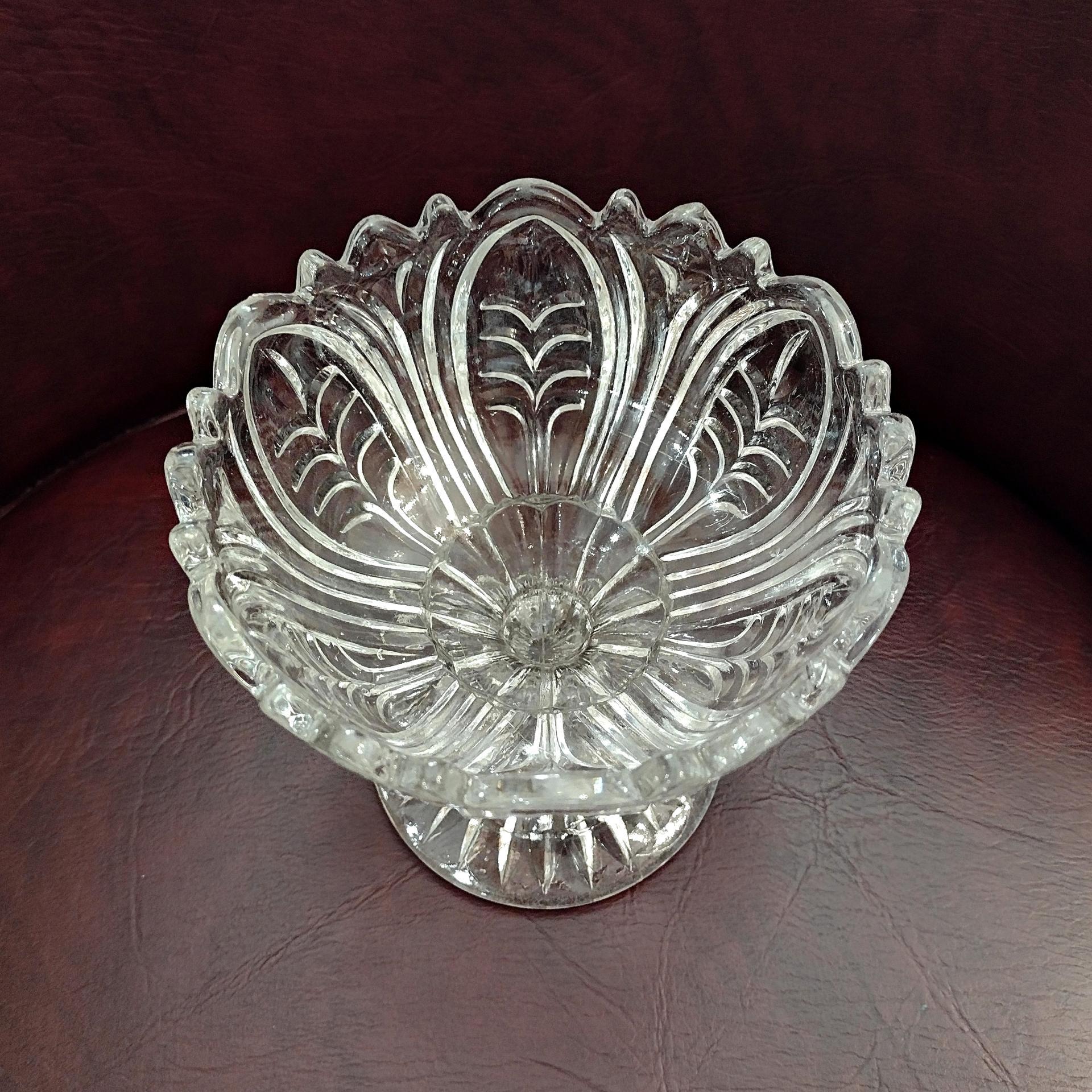 Antique Footed Cut Crystal Glass Compote, Vintage UV Reactive Glowing Glass Bowl